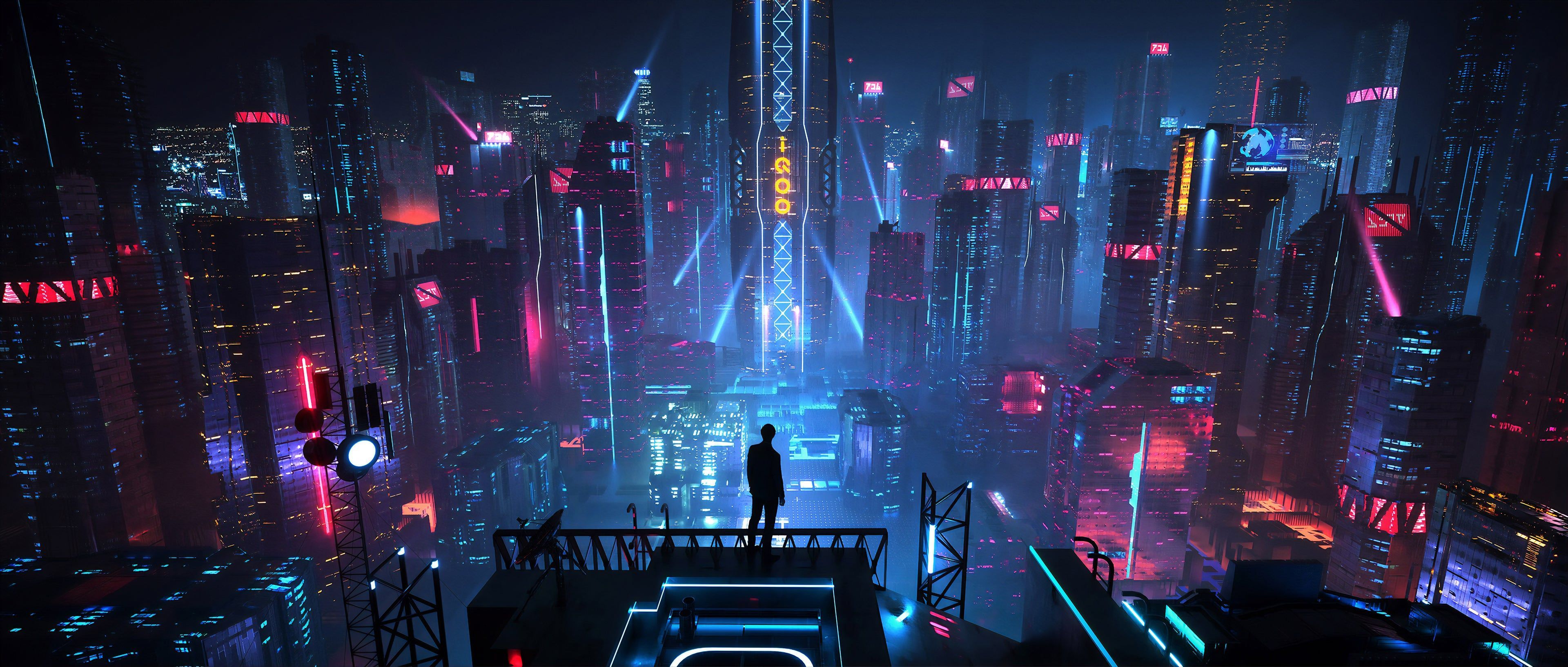 Cyberpunk-Stadt, Wolkenkratzer, Silhouette, Neon, Nacht, 4K-Hintergrundbild für PC