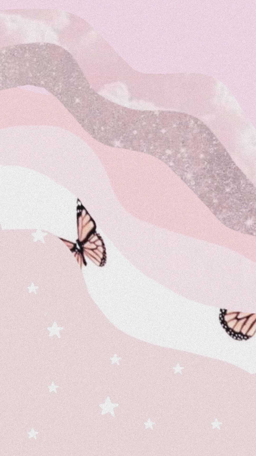 Schmetterlinge, Rosa Wellen, Glitzer, Pastellrosa, Sterne, 1080x1920, Handy-Hintergrund