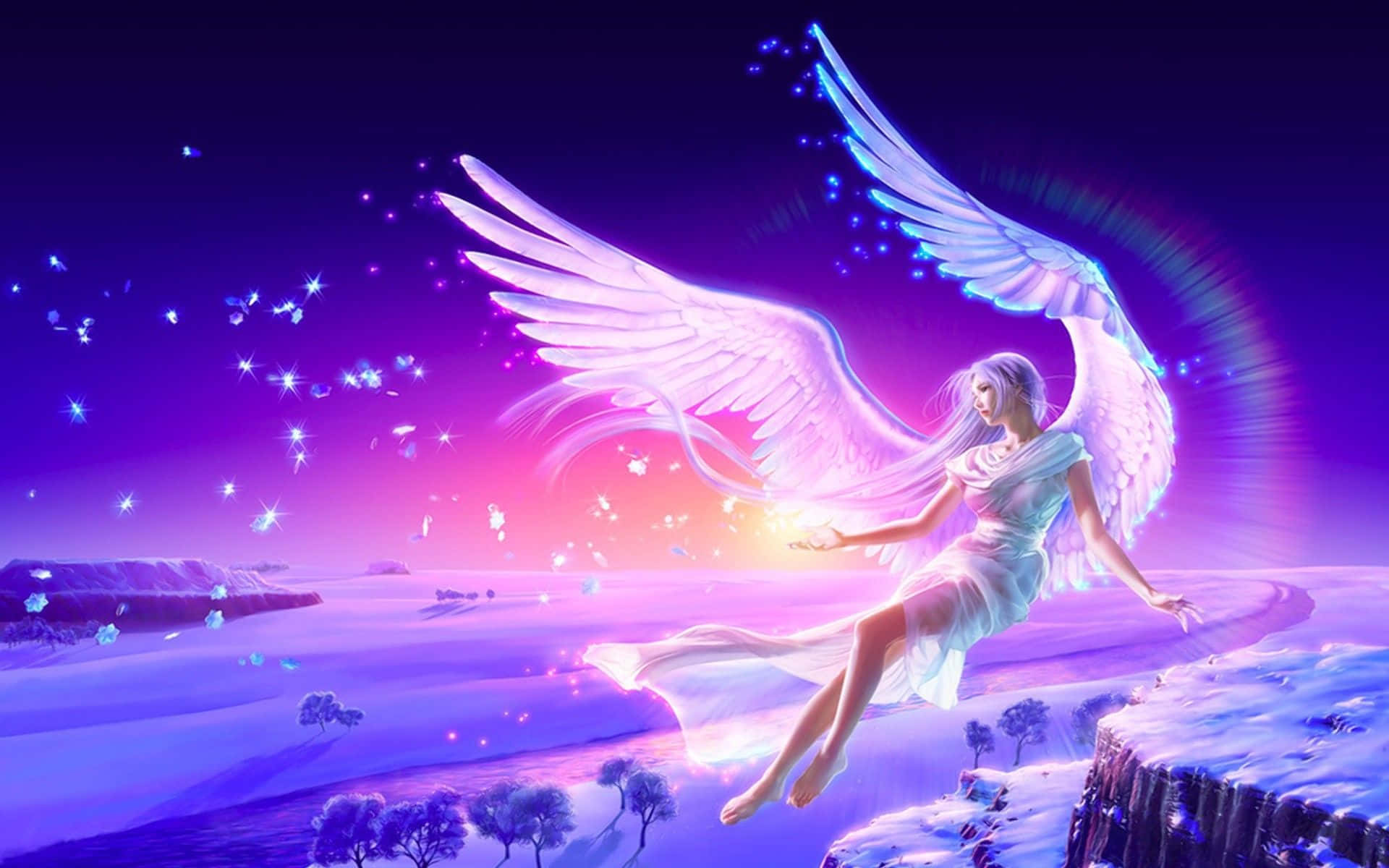 Engel, Fantasy-Kunst, Leuchtende Flügel, Lila, Sternenhimmel, Digitale Kunst, Full-HD-Hintergrund