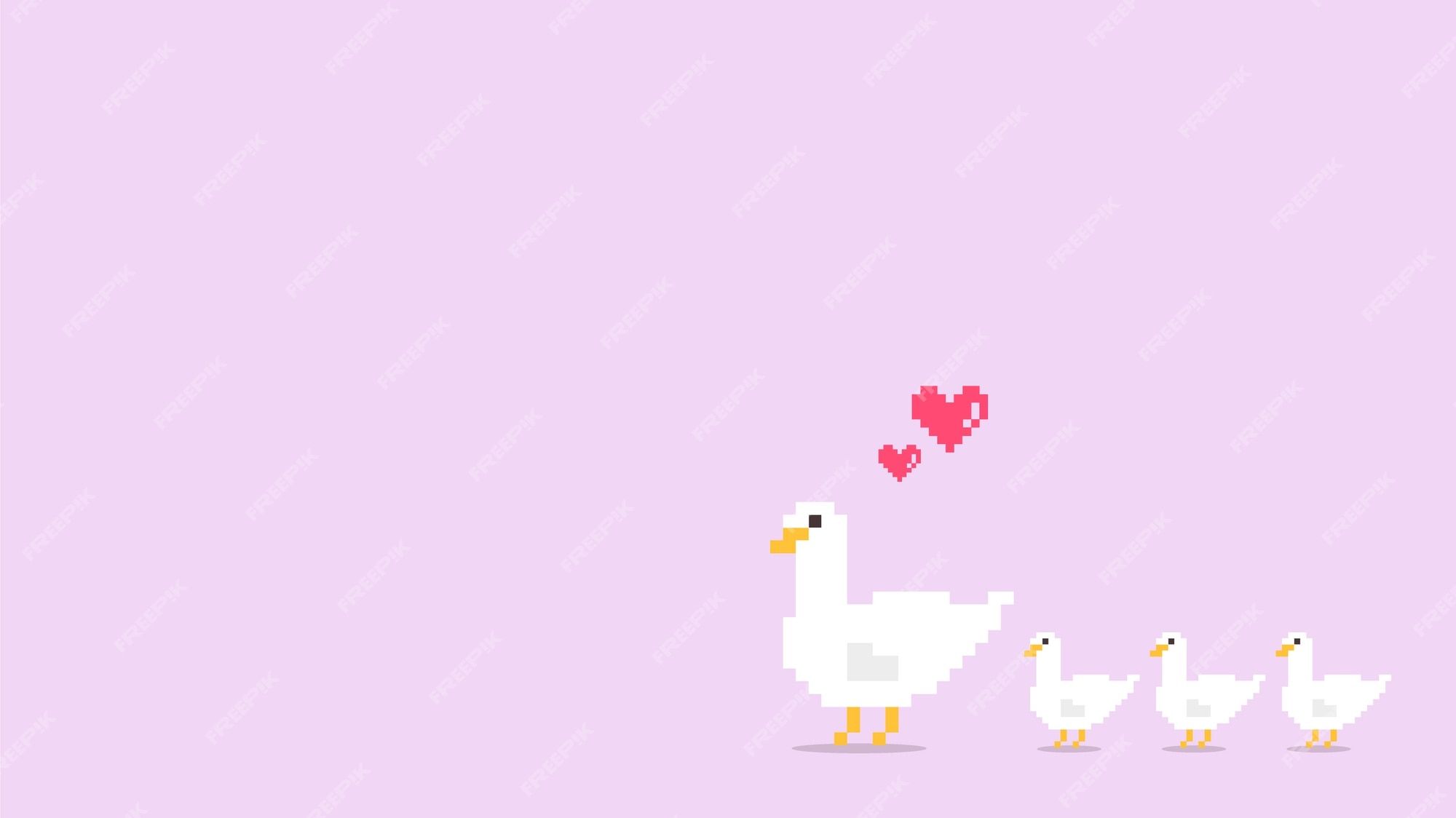Gänse, Gänseküken, Herz, Pixel art, Flieder, 16:9, Full-HD-Hintergrundbild für den Desktop