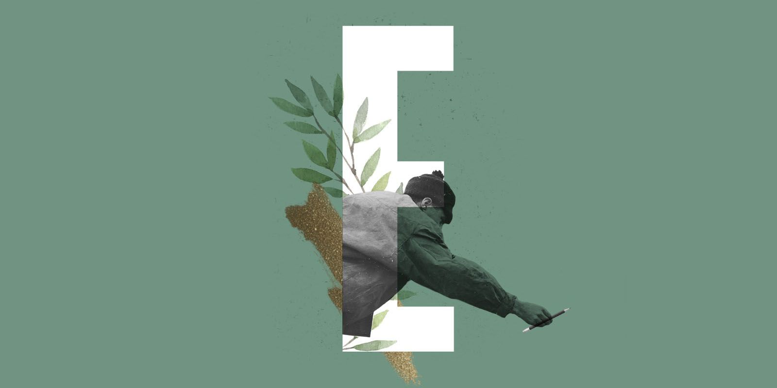 Buchstabe E, Collage, Mann, Blätter, Salbeigrün, HD, Hintergrundbild für den PC