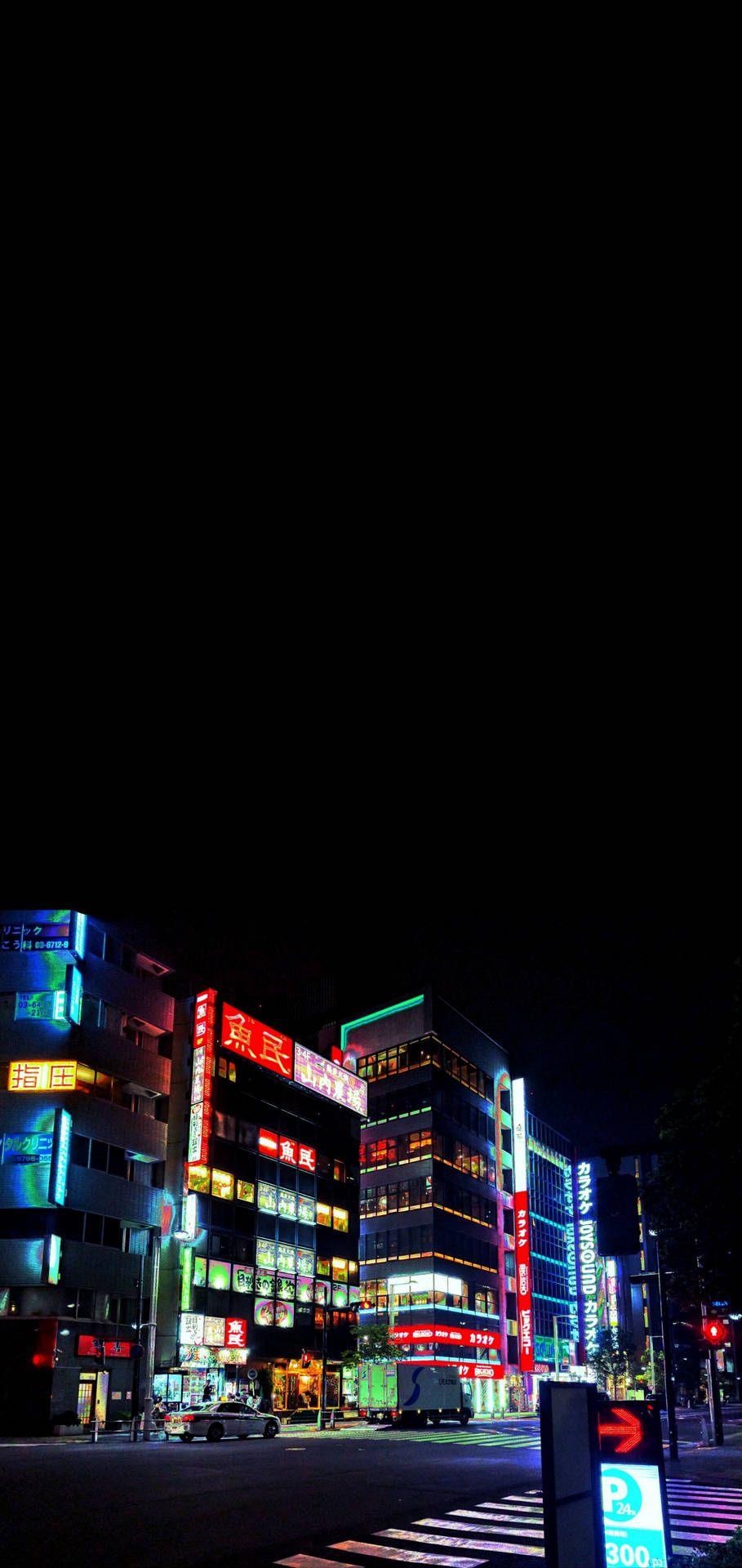 Neonlicht, Stadt bei Nacht, Gebäude, Leuchtreklame, Schwarzer Hintergrund, iPhone-16-Pro-Wallpaper