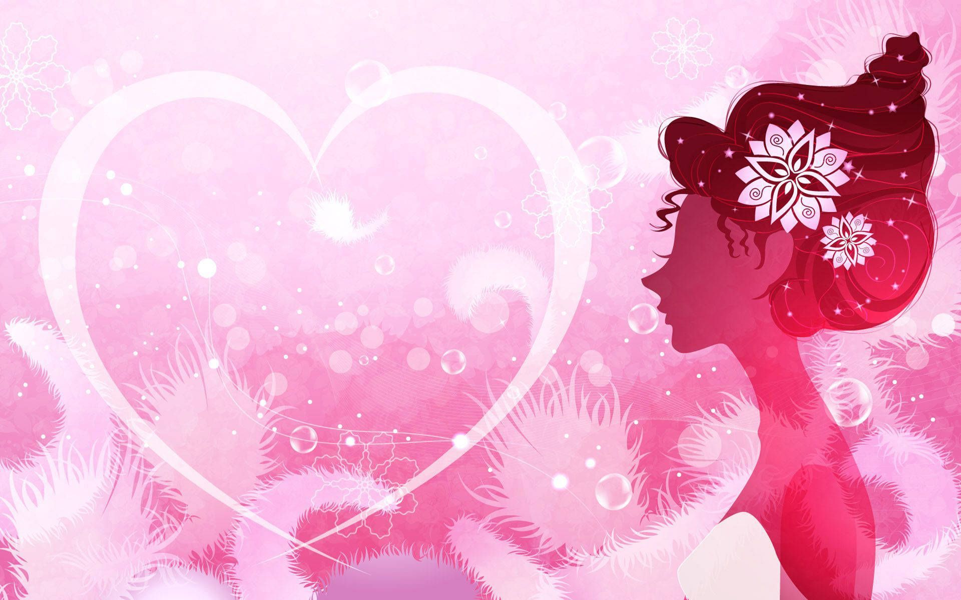 Frauensilhouette, Herz, Blumen, Pink, Vektorgrafik, 16:10, Full-HD-Hintergrundbild für den Desktop