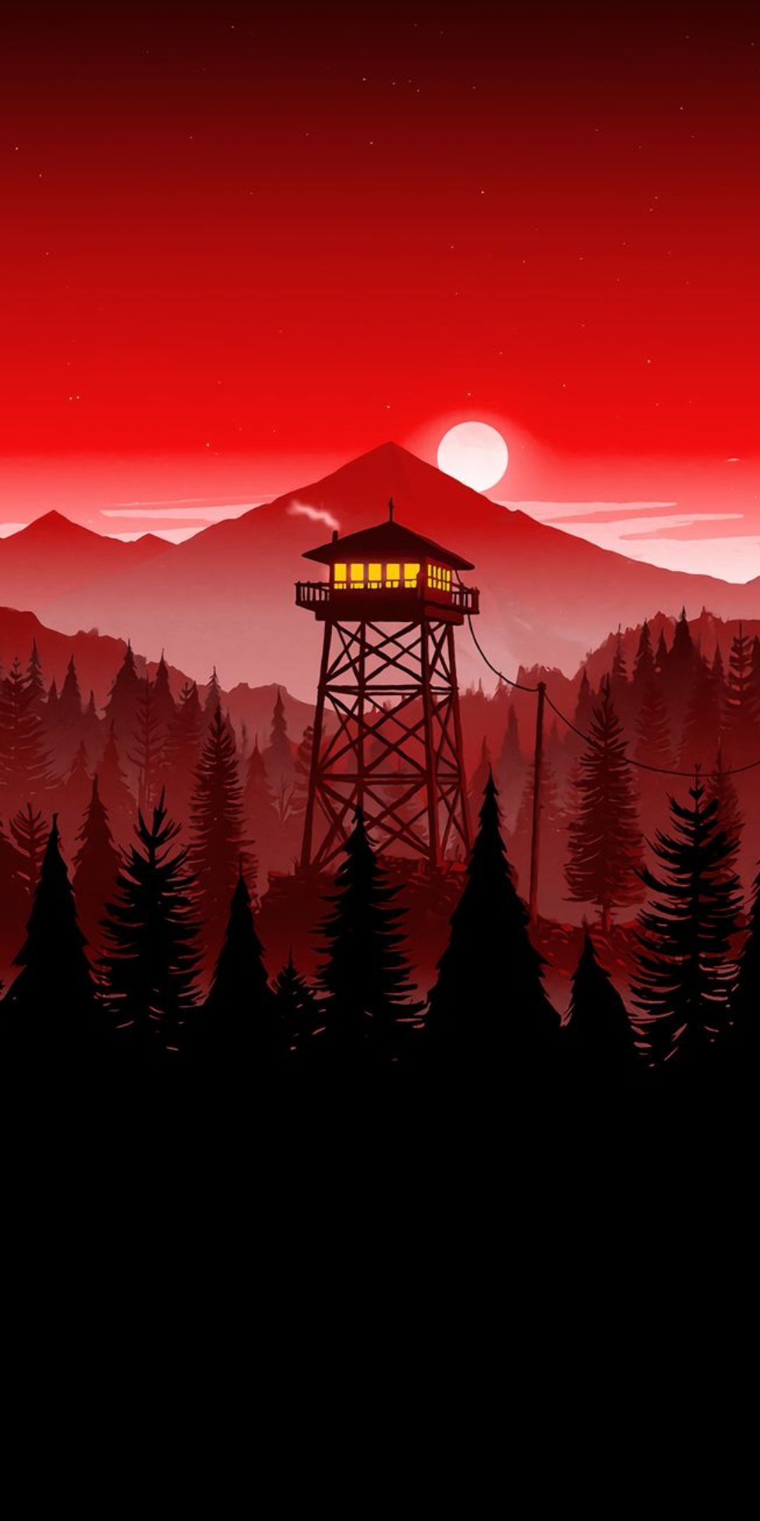 Firewatch, Feuerwachturm, Berge, Wald, Roter Himmel, Sonnenuntergang, Minimalismus, iPhone-16-Pro-Hintergrundbild