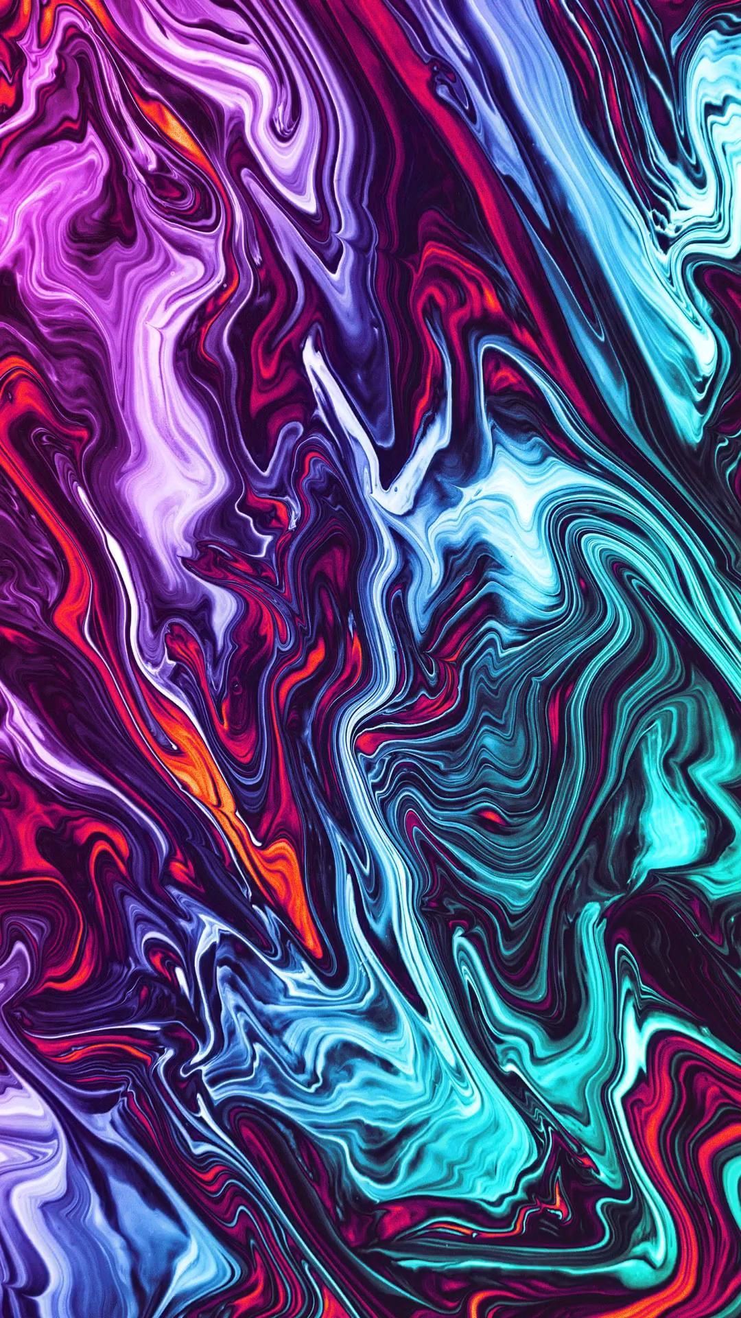 Flüssige Kunst, Abstrakt, Marmormuster, Lila, Türkis, Bunt, iPhone 16 Pro, Wallpaper