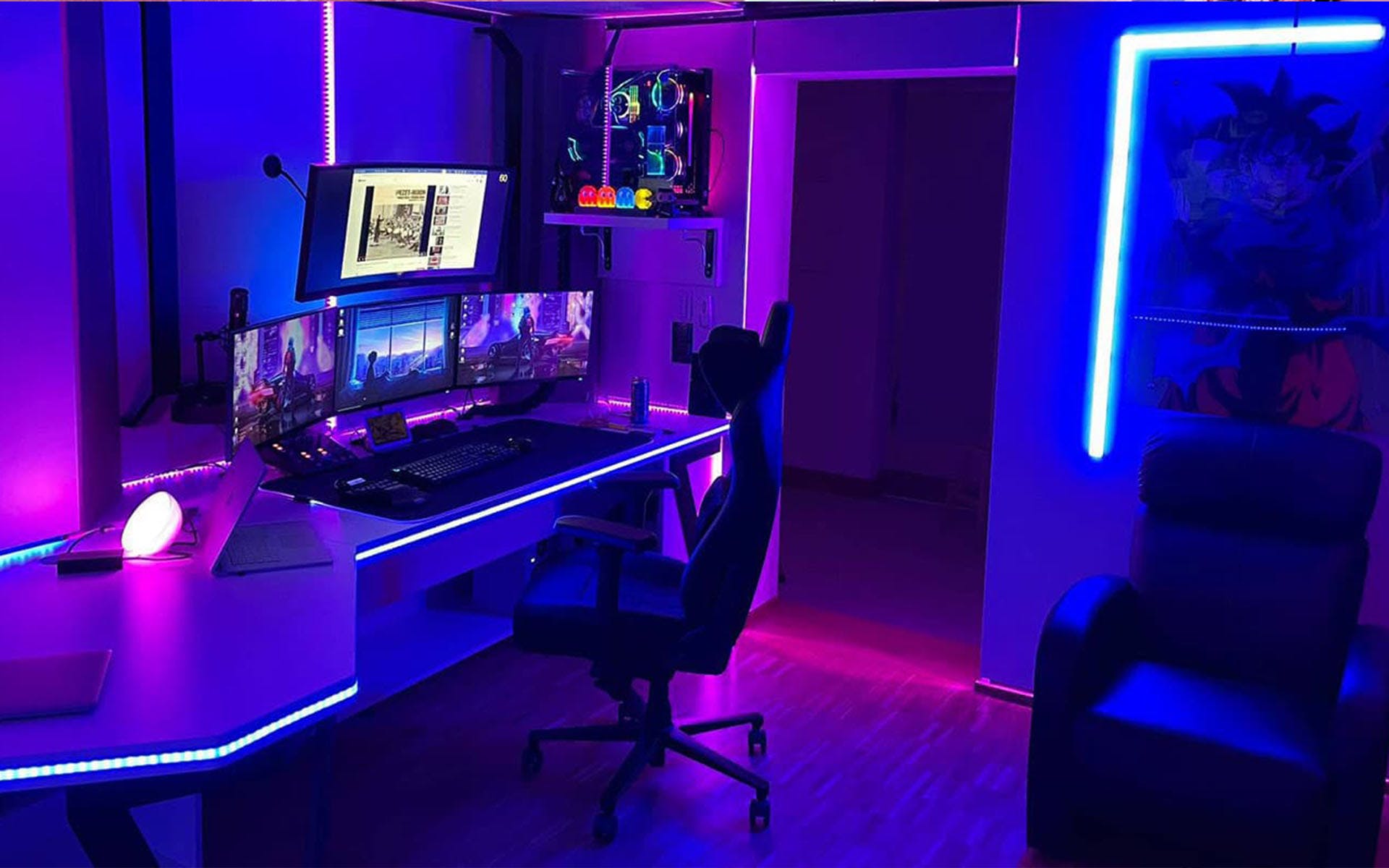 Gaming-Setup, Gamer-Zimmer, LED-Beleuchtung, Monitore, Lila, Blau, Full HD, Desktop-Hintergrund