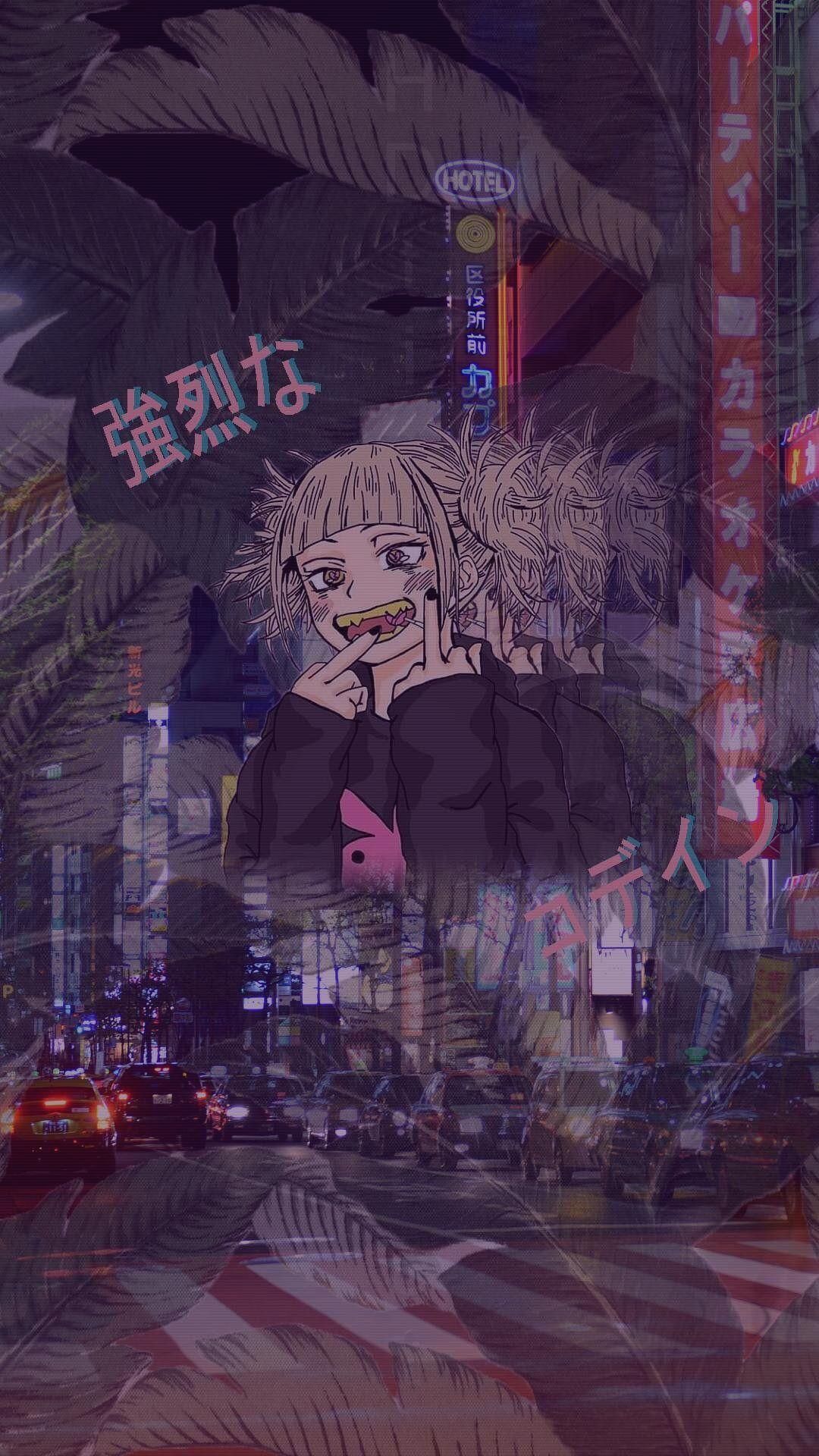 Anime-Mädchen, Stadt, Japanische Schrift, Collage, Dunkel, Sperrbildschirm fürs iPhone 16 Pro