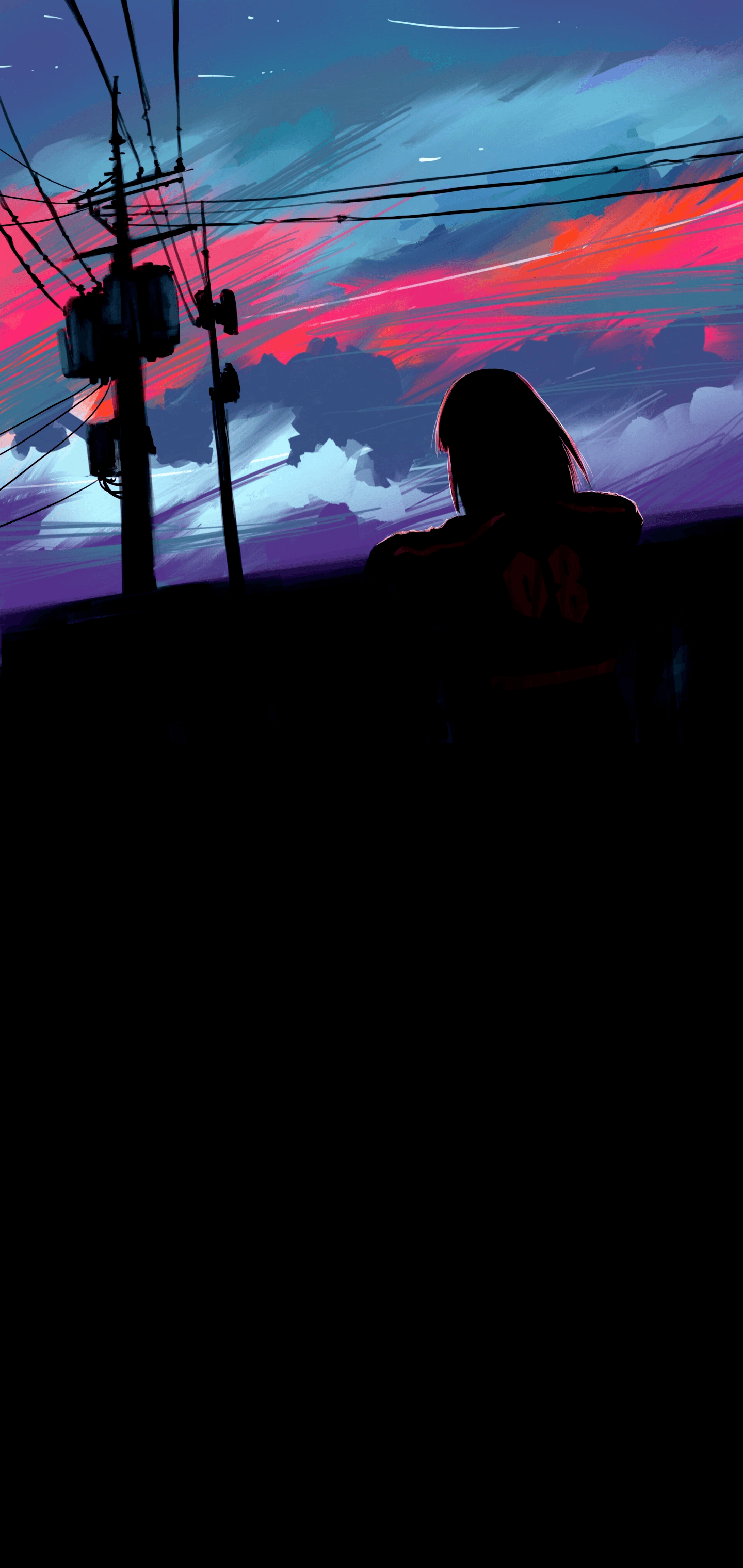 Silhouette, Strommast, Stromleitungen, Abendhimmel, Rosa Wolken, Dunkel, iPhone-16-Pro-Wallpaper