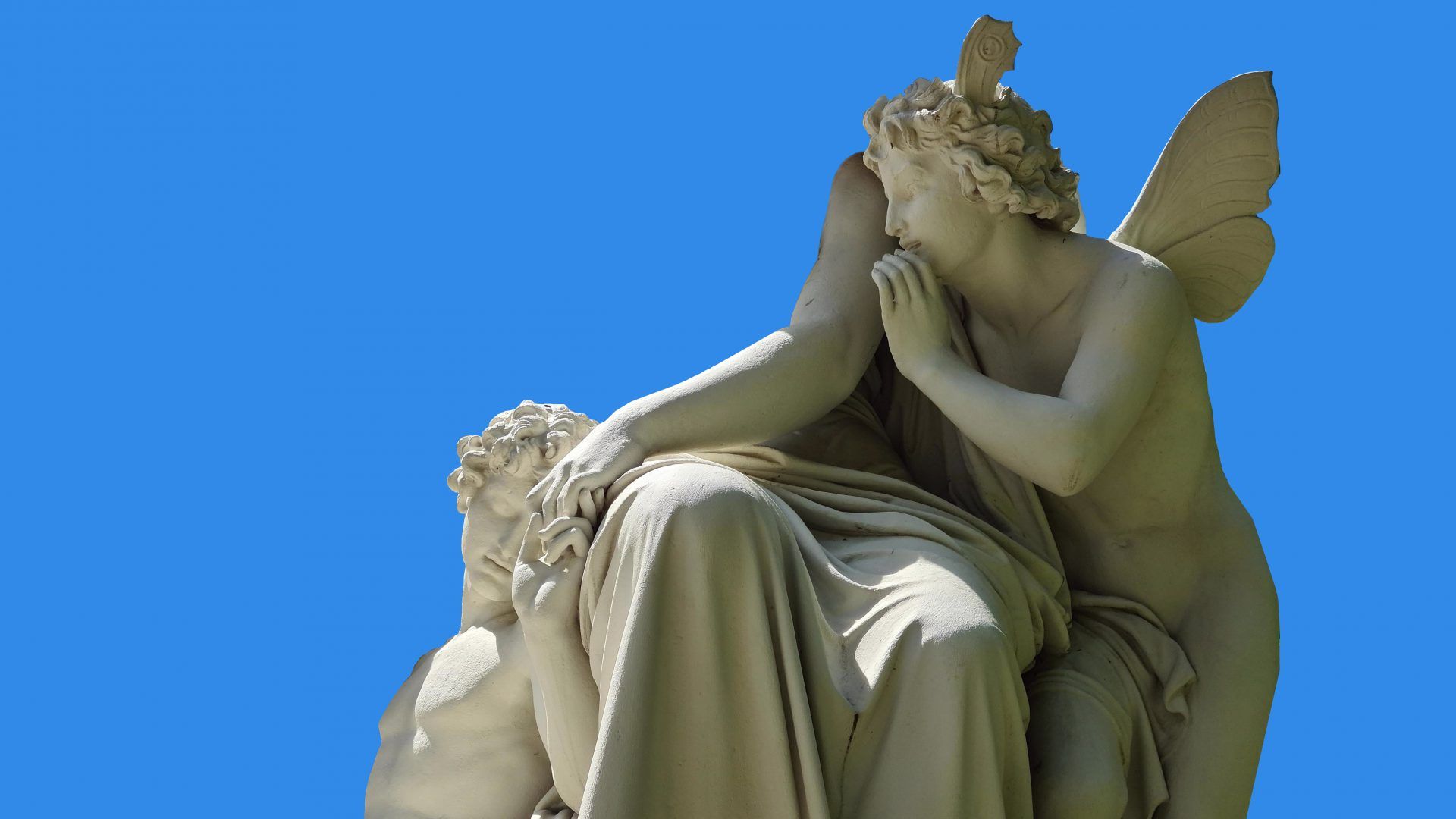 Engelsstatue, Skulptur, Trauernder Engel, Blauer Hintergrund, Marmor, Full HD Wallpaper
