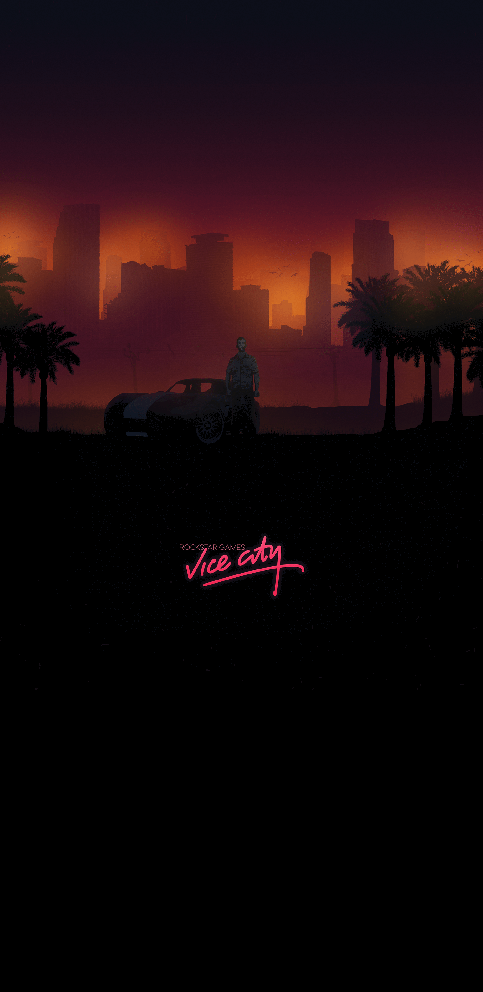 Skyline, Palmen, Sonnenuntergang, Retrowave, Schwarz und Rot, Schriftzug, Sperrbildschirm fürs iPhone 16 Pro