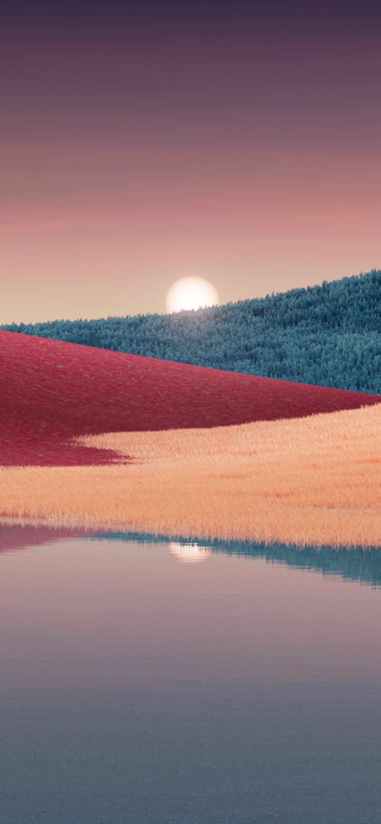 Mond, Hügel, Spiegelung, Minimalismus, Dämmerung, Landschaft, Hintergrundbild fürs iPhone 16 Pro