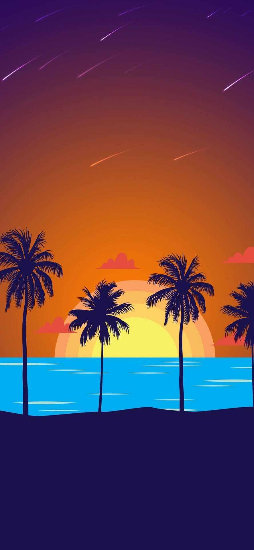Palmen, Sonnenuntergang, Meer, Sternschnuppen, Illustration, Lila Himmel, iPhone 16 Pro, Wallpaper