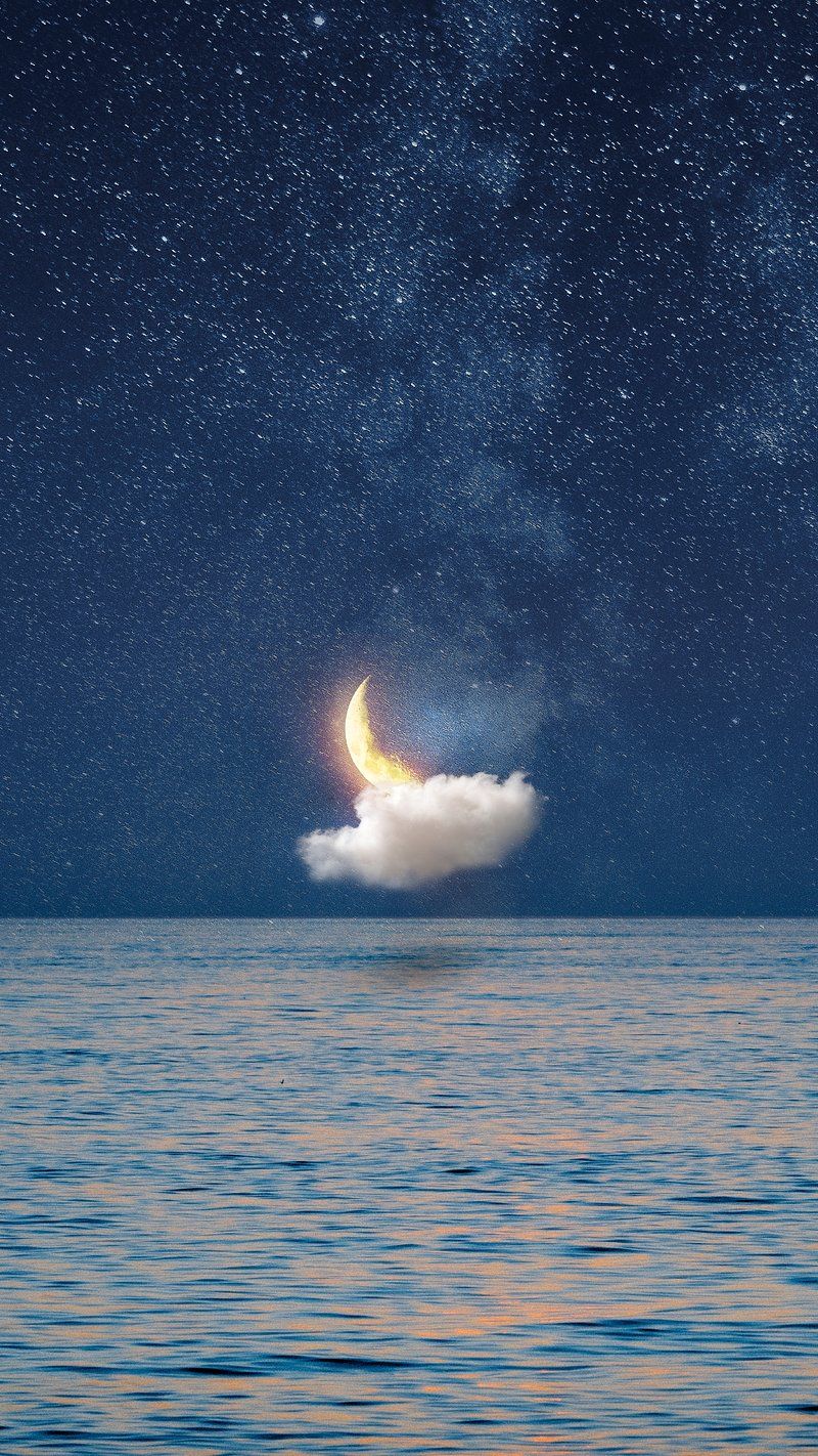 Mond, Wolke, Meer, Sternenhimmel, Surreal, Nacht, iPhone 16 Pro, Handy-Hintergrundbild