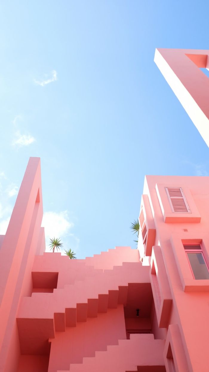 La Muralla Roja, Calpe, Spanien, Rosa Architektur, Treppen, Blauer Himmel, Hintergrundbild fürs Handy
