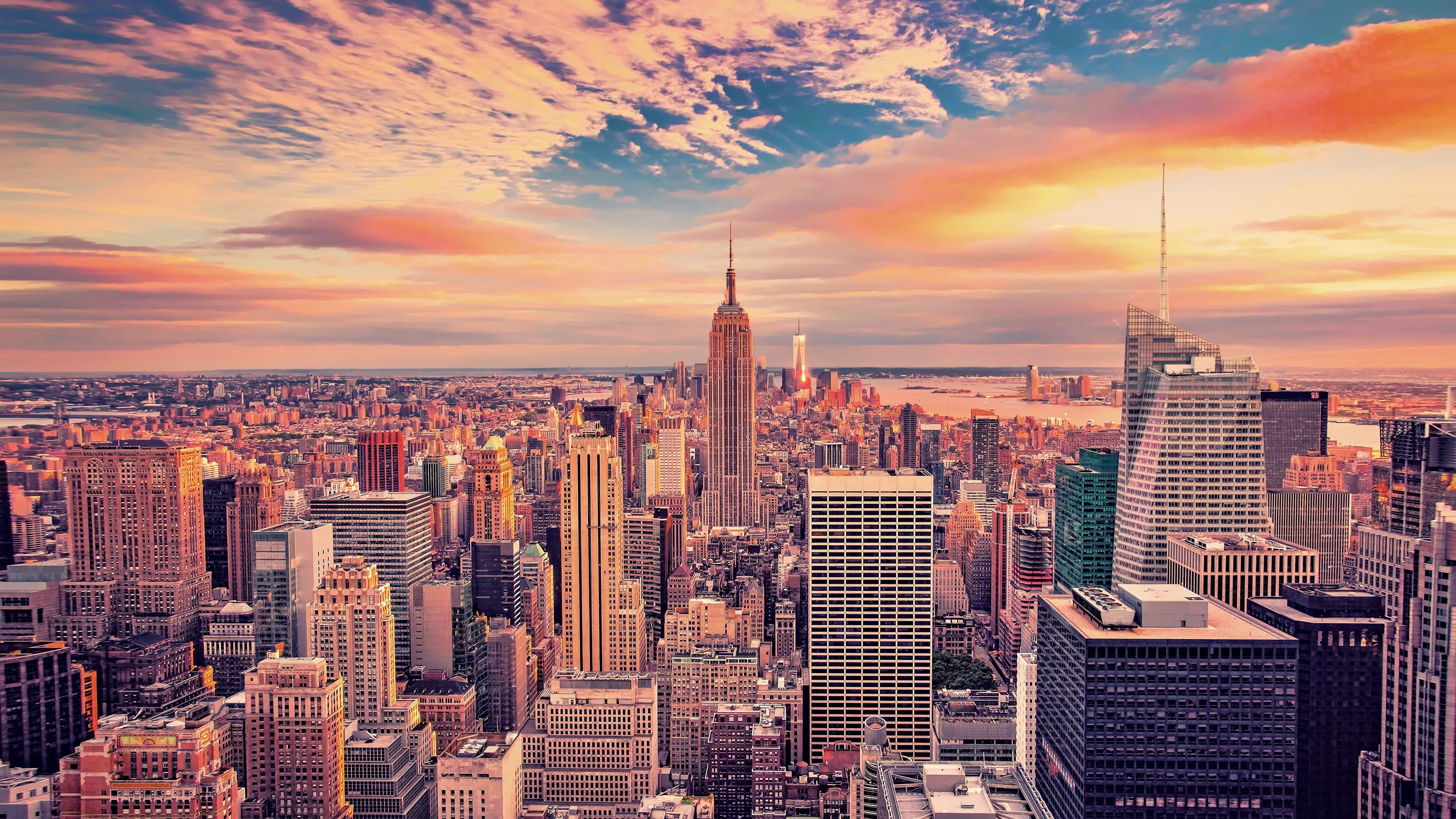 Empire State Building, Manhattan, Skyline, Sonnenuntergang, Luftaufnahme, Rosa Wolken, 4K-Hintergrund