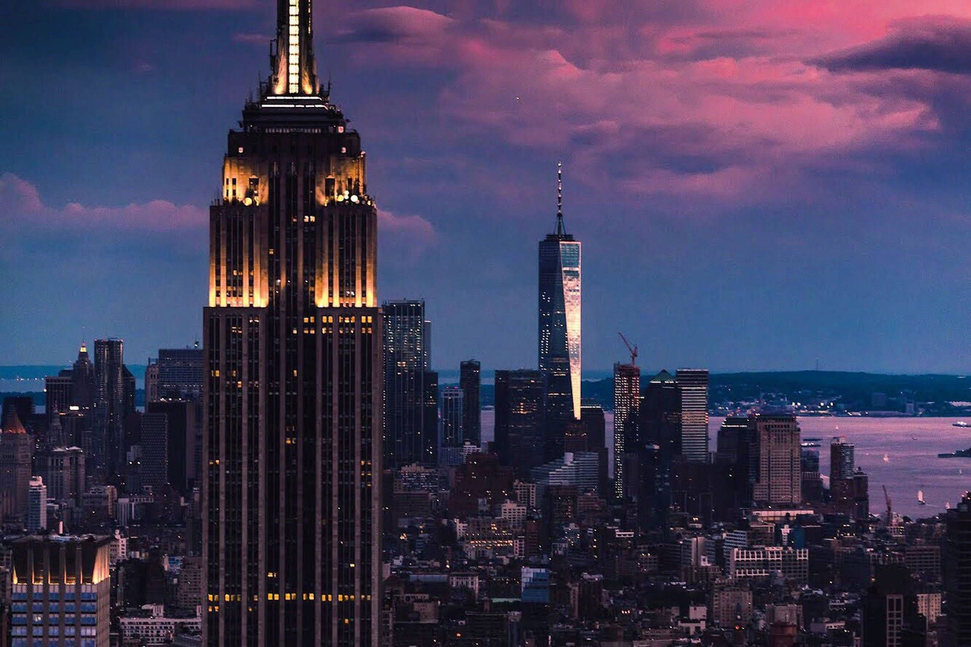 Empire State Building, One World Trade Center, Manhattan, Abenddämmerung, Beleuchtung, Hudson River, Full-HD-Hintergrundbild