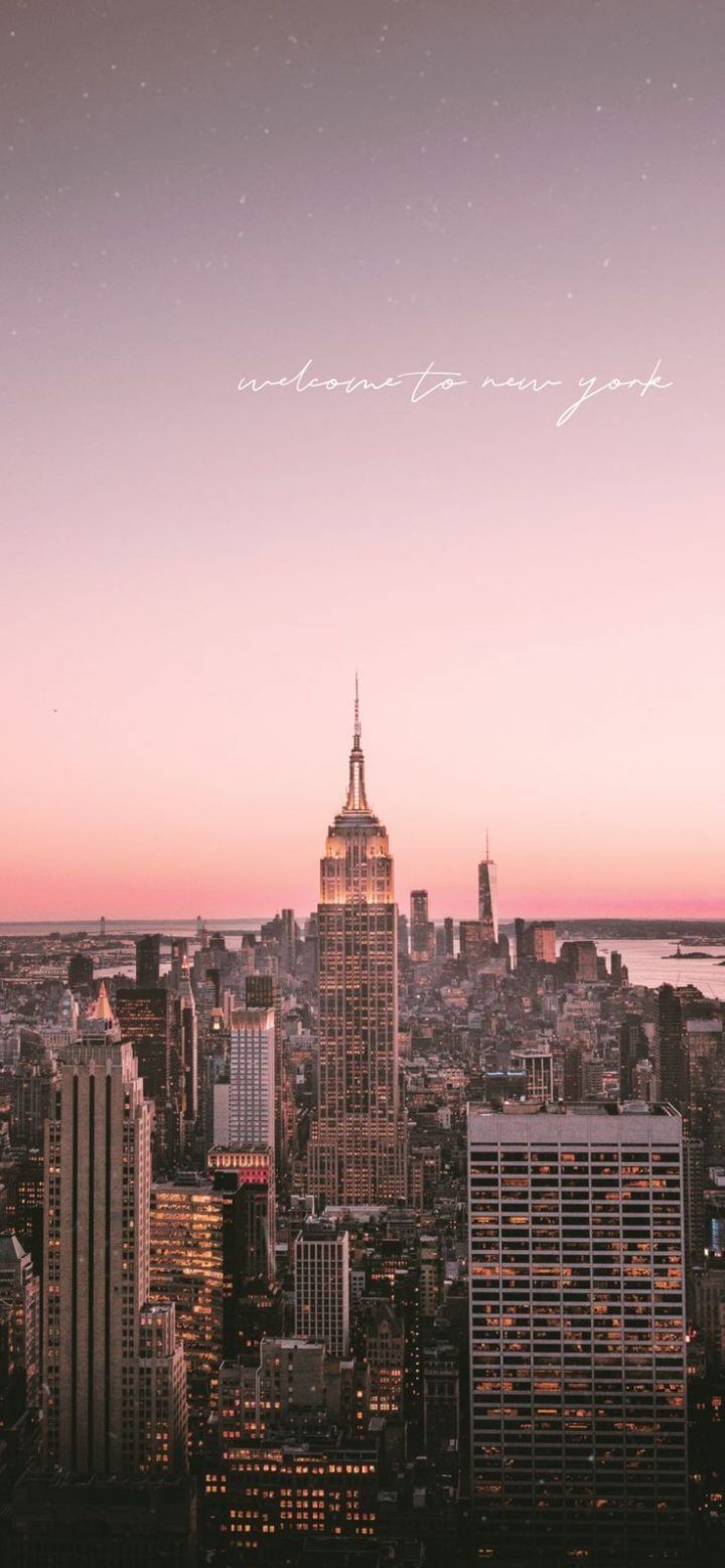 Empire State Building, Manhattan, Rosa Himmel, Minimalismus, Schriftzug, Dämmerung, Handy-Hintergrundbild