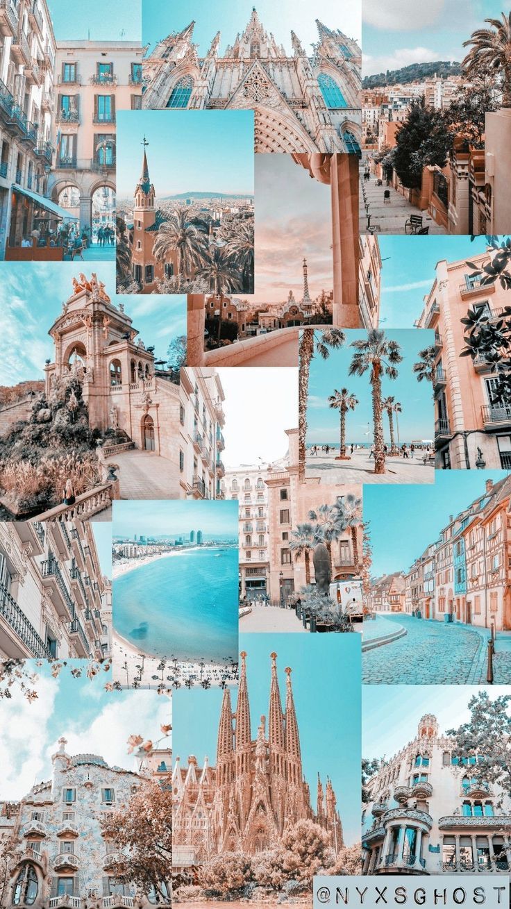 Sagrada Família, Barcelona, Collage, Reisen, Türkis, Ästhetisch, HD, Handy-Hintergrund