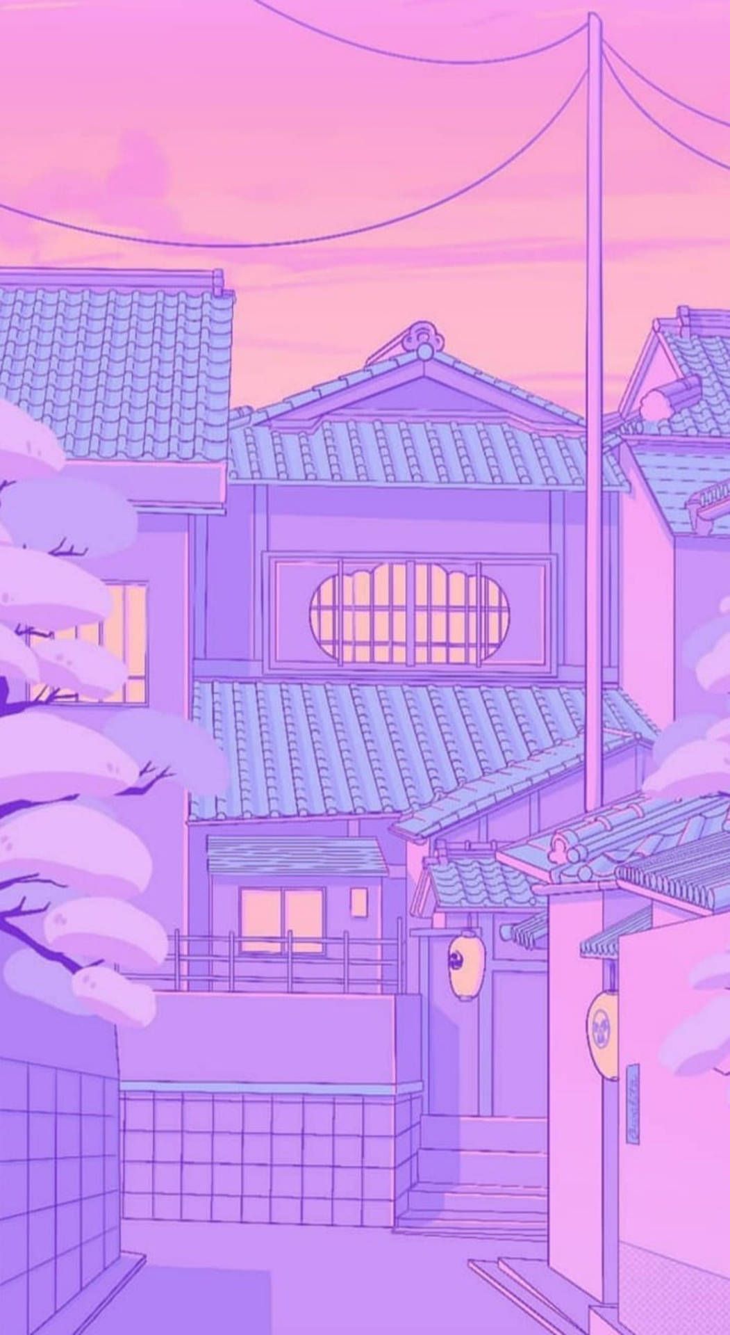 Japanische Häuser, Anime-Stil, Lila, Rosa, Stromleitungen, Android-Hintergrundbild