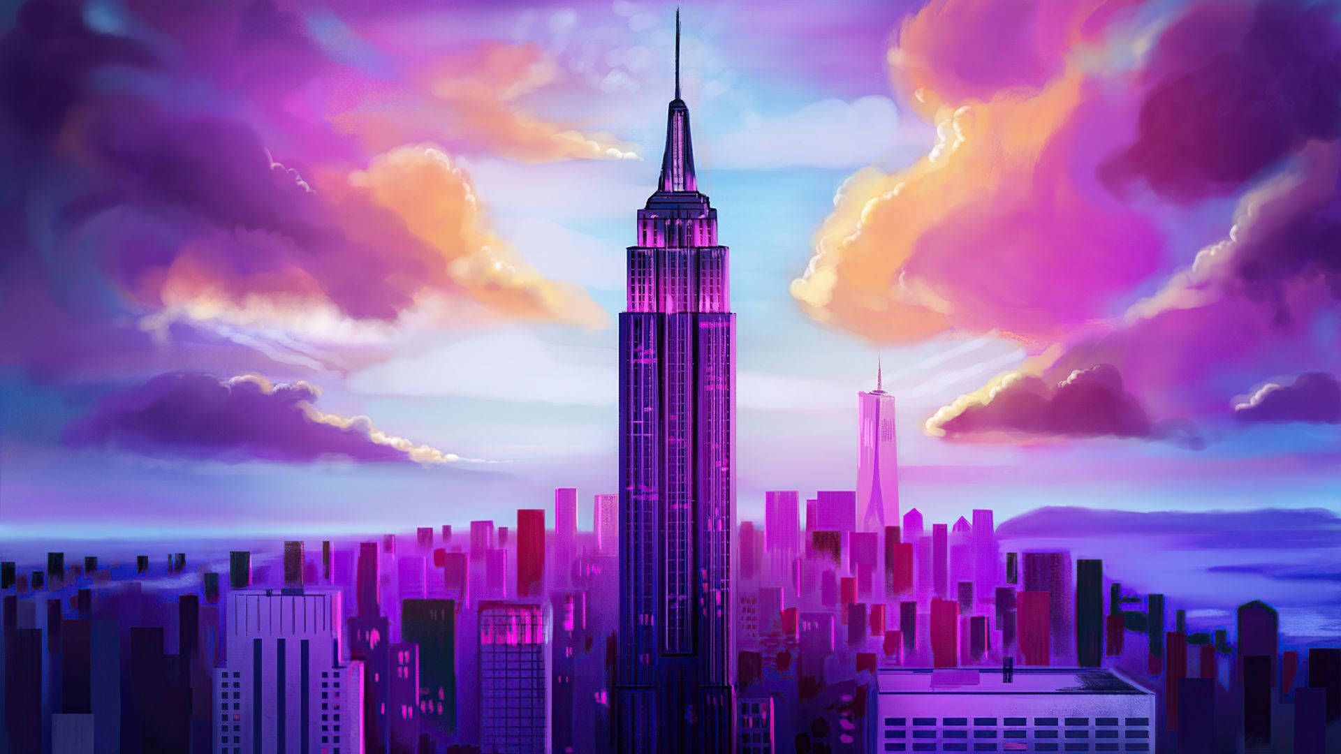 Empire State Building, Digitale Malerei, Lila Wolken, New York, Fantasie, Bunte Skyline, 1080p-Hintergrundbild