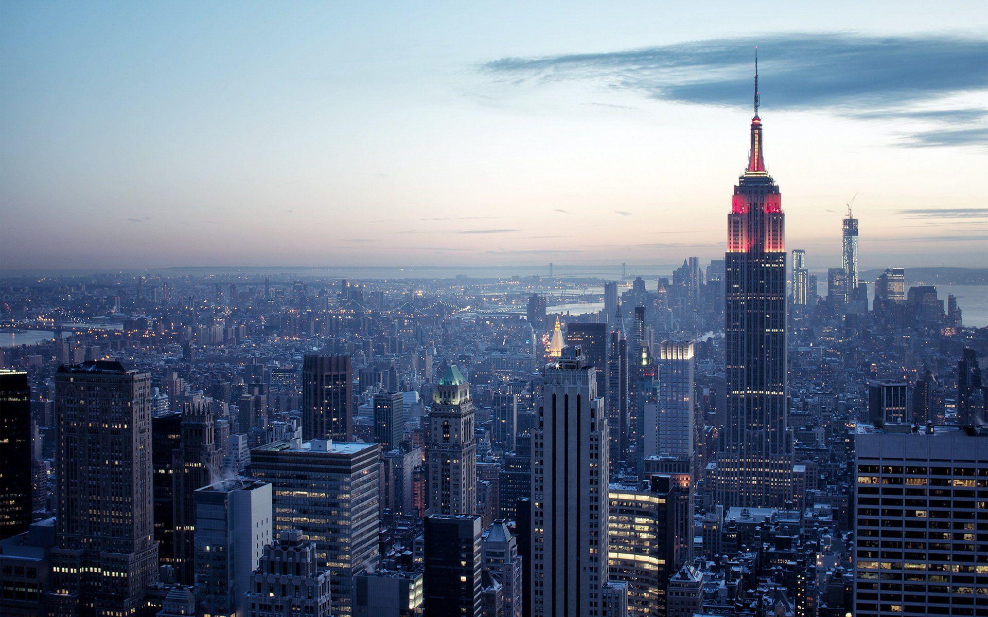 Empire State Building, Manhattan, Panorama, Blaue Stunde, Rote Beleuchtung, Skyline, Full-HD-Hintergrundbild