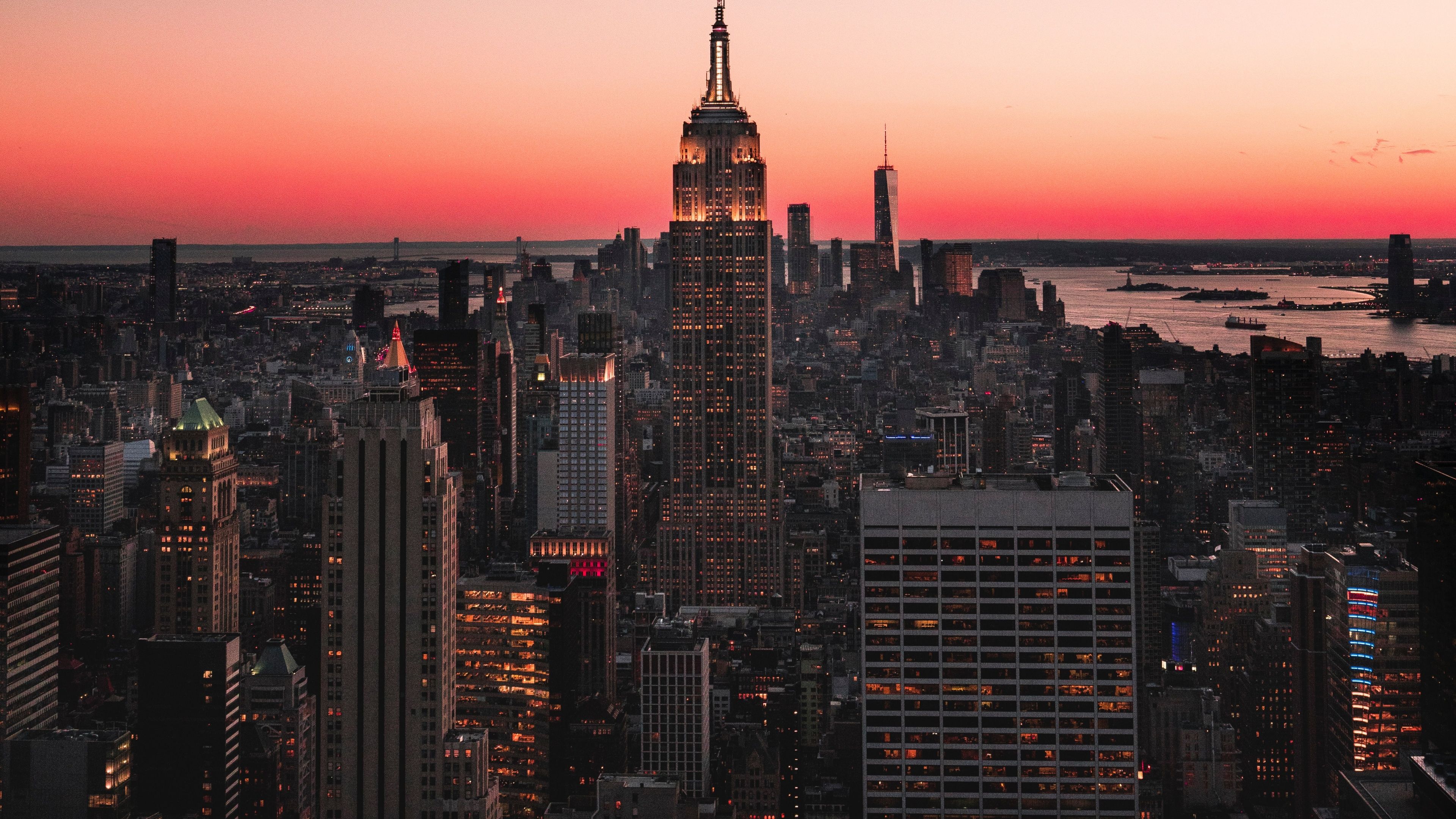 Empire State Building, Manhattan, Sonnenuntergang, Roter Himmel, Skyline, Großstadt, 2160p Wallpaper