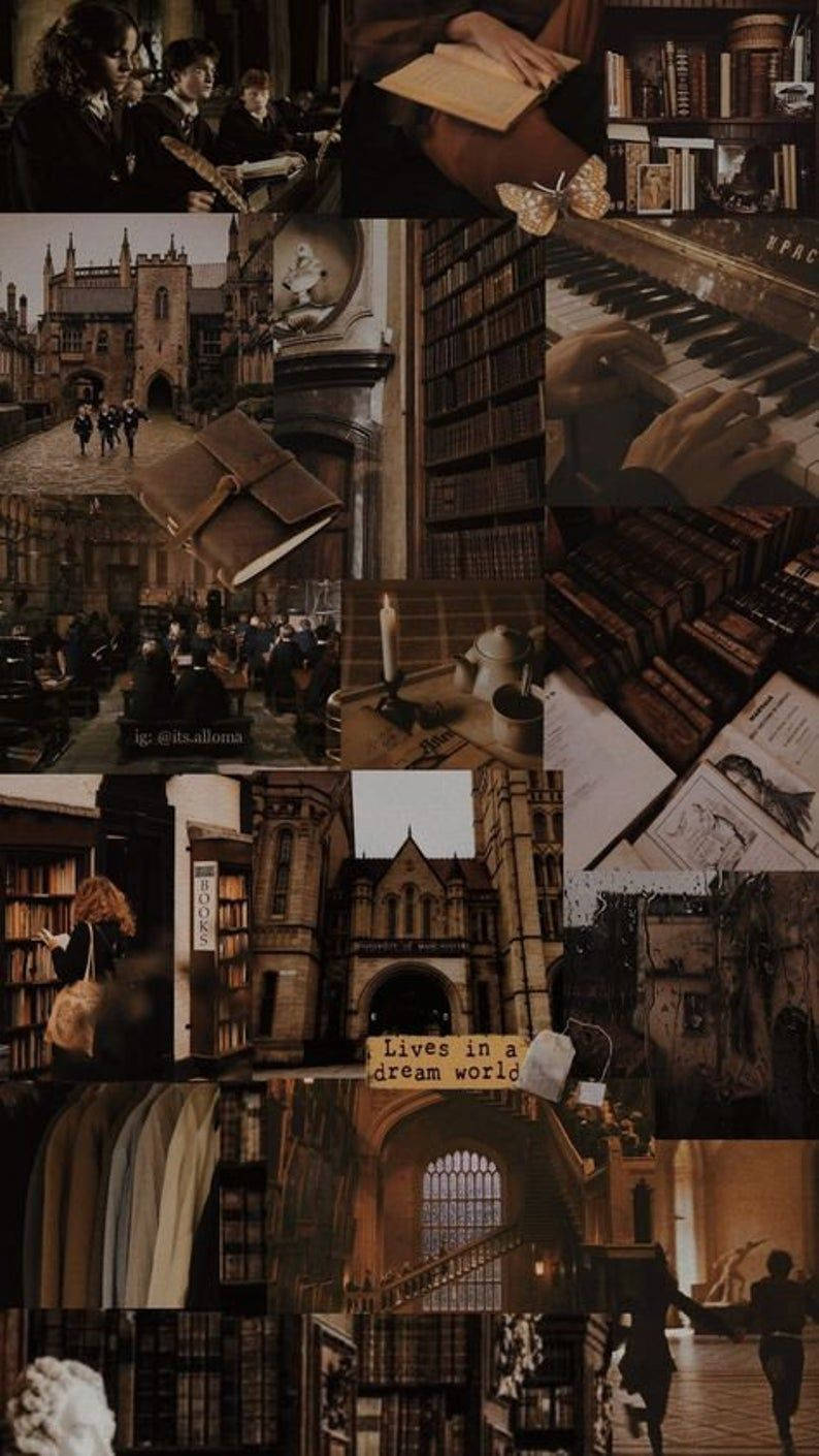 Collage, Bücher, Altbauten, Dunkelbraun, Vintage, Hochformat, Hintergrundbild fürs Smartphone