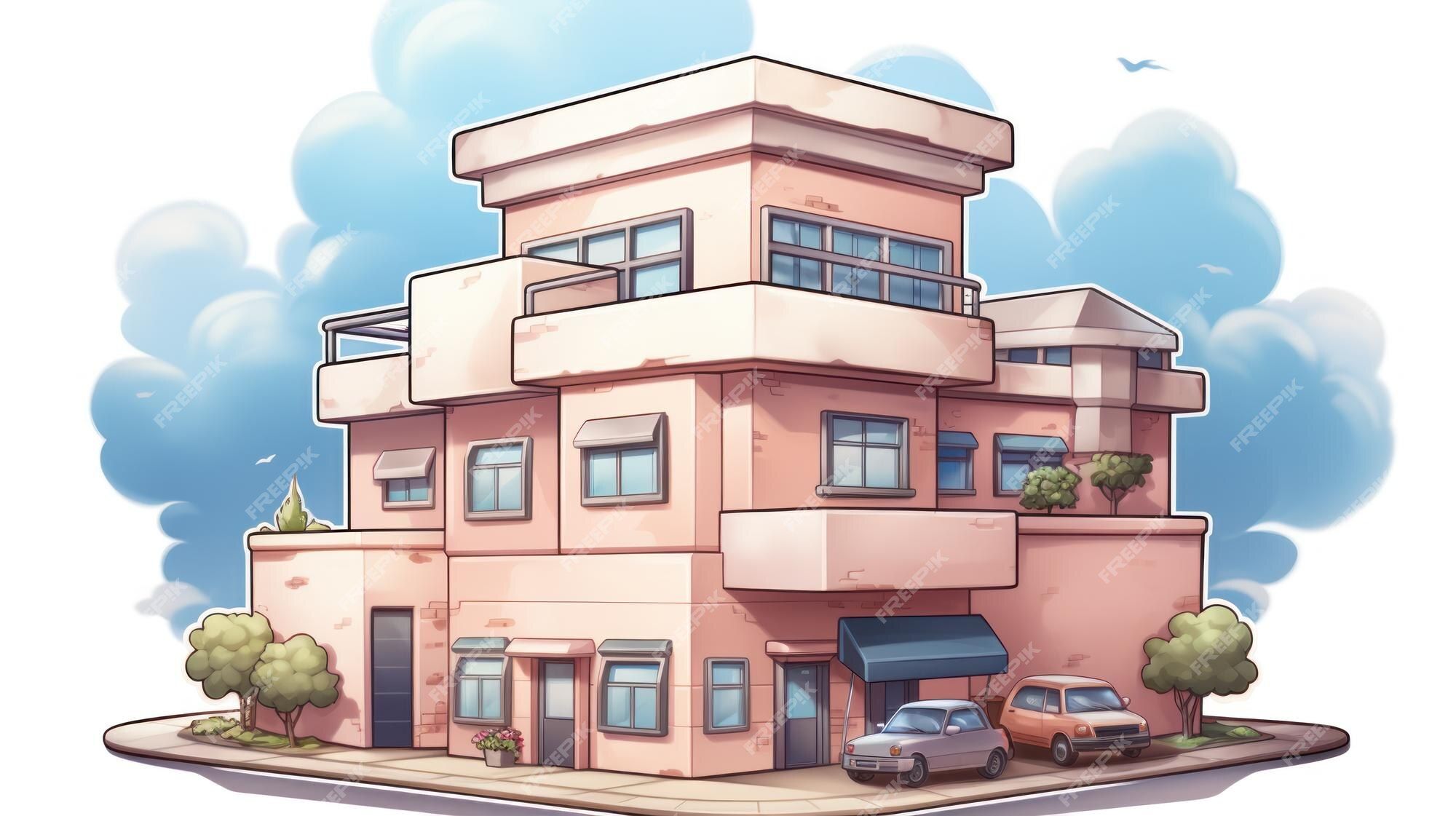 Haus, Rosa, Autos, Wolken, Illustration, Isometrisch, 16:9, Full-HD-Hintergrundbild für den Desktop