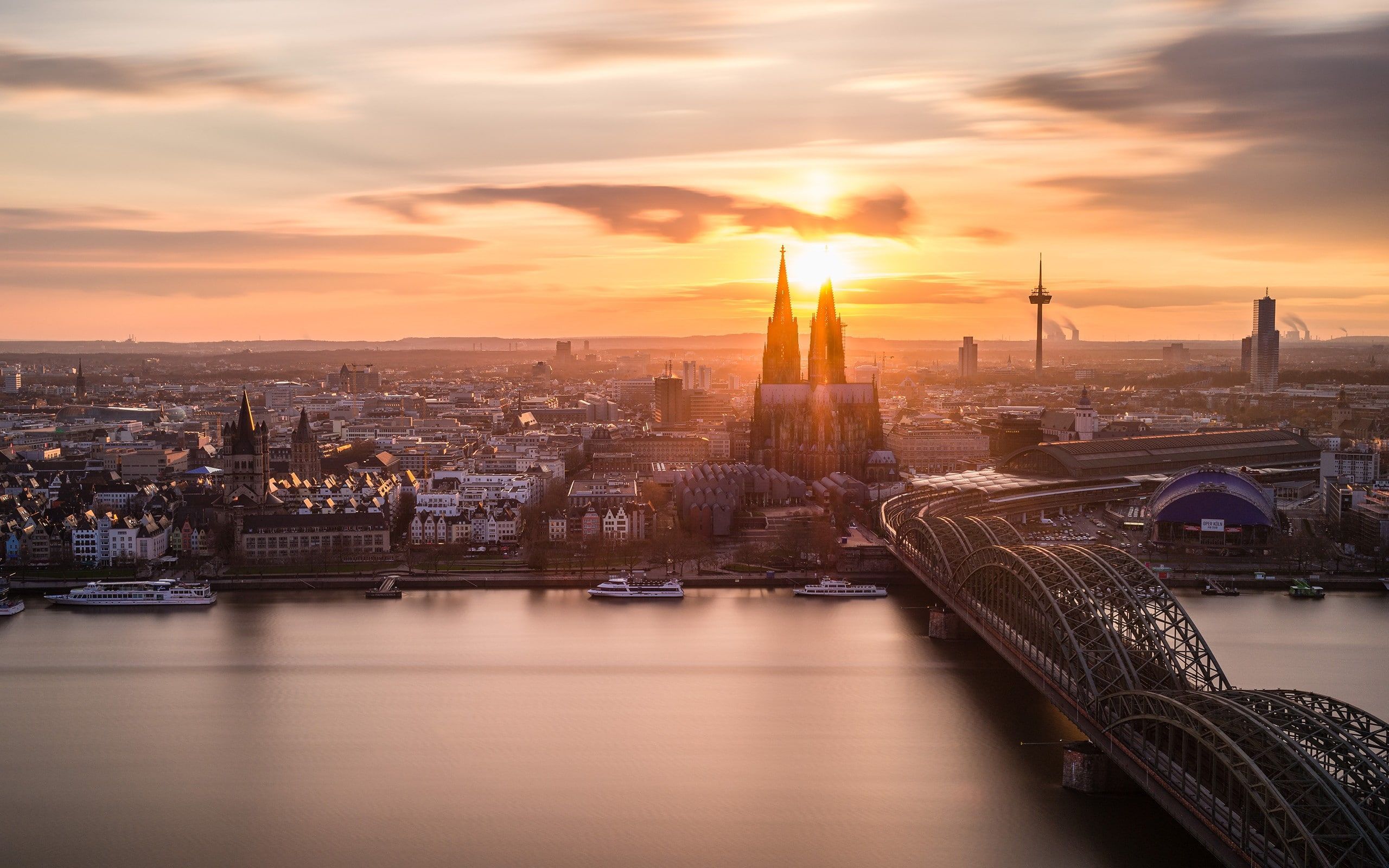 Kölner Dom, Hohenzollernbrücke, Rhein, Köln, Skyline, Sonnenuntergang, 2K, Desktop-Hintergrund