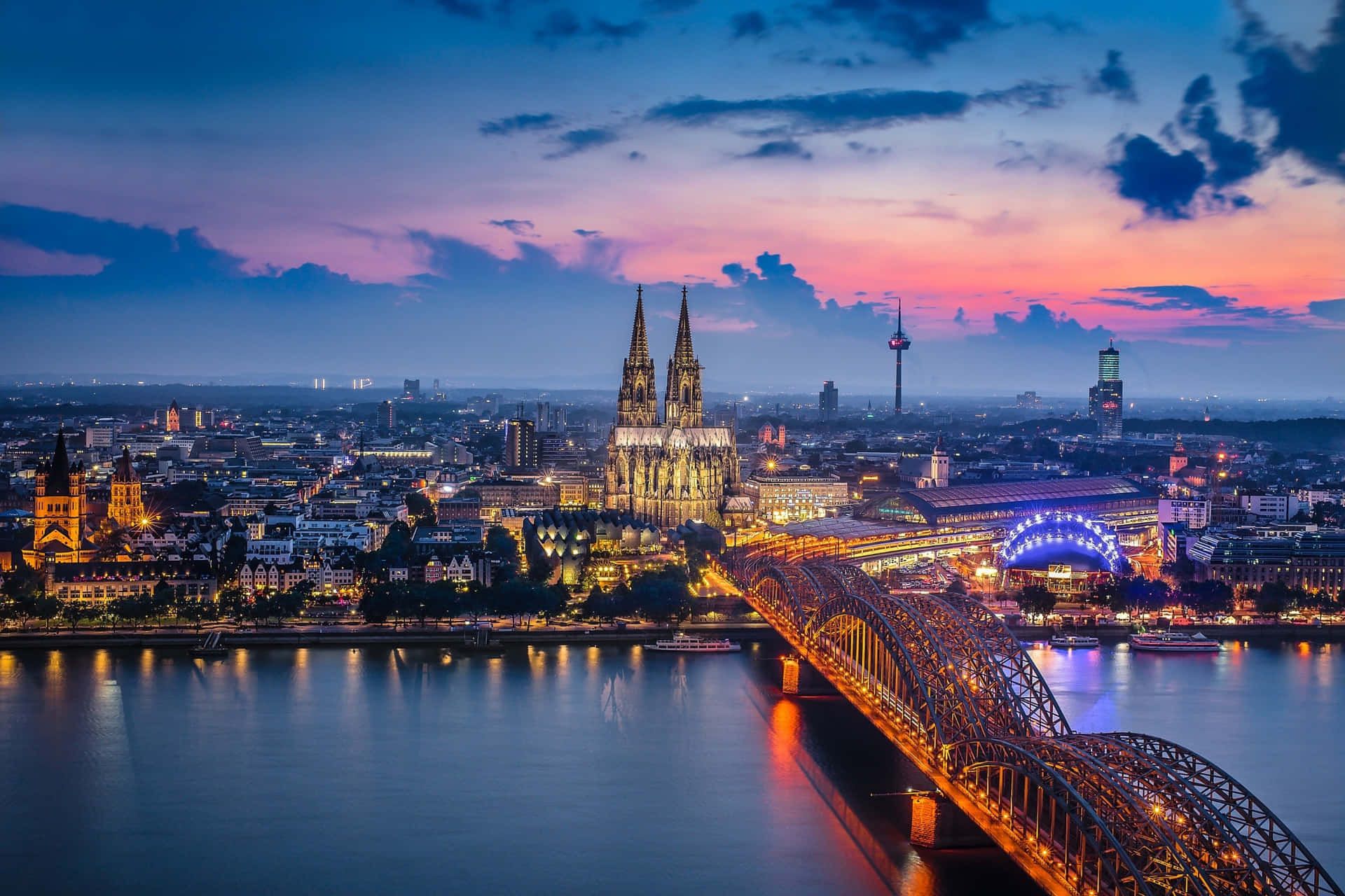 Kölner Dom, Hohenzollernbrücke, Lanxess Arena, Rhein, Köln, Blaue Stunde, Full HD, PC-Hintergrundbild