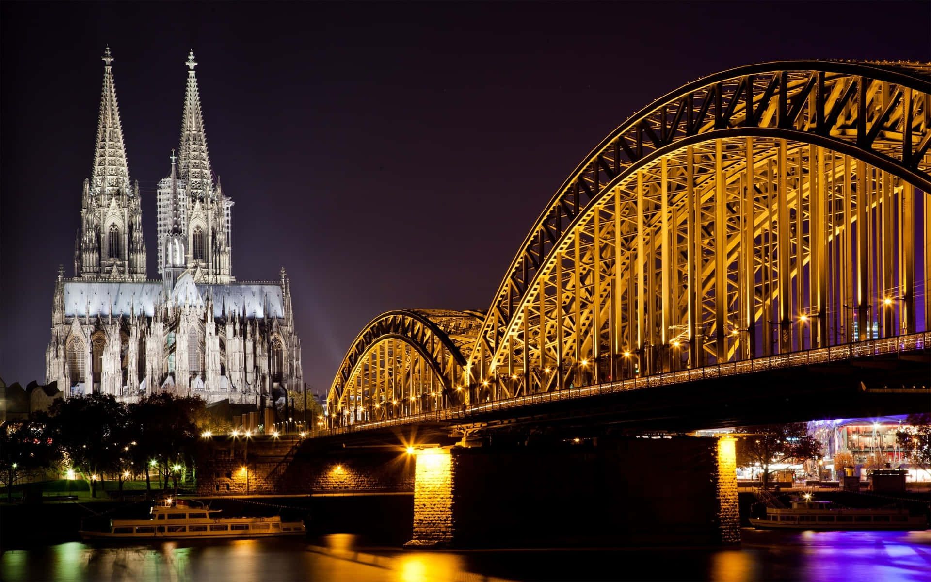 Kölner Dom, Hohenzollernbrücke, Köln, Nacht, Beleuchtung, Stahlbogen, Full HD, Breitbild-Hintergrundbild