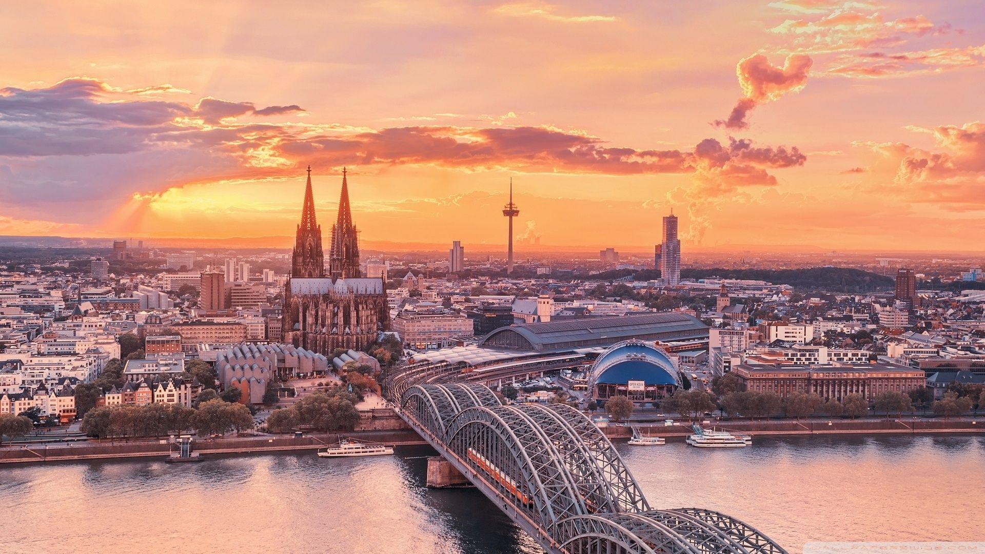 Kölner Dom, Hohenzollernbrücke, Rhein, Köln, Luftaufnahme, Abendrot, Full HD, Desktop-Hintergrund