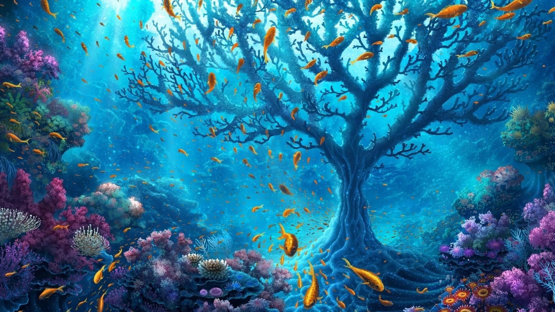 Korallenbaum, Fischschwarm, Fantasie, Digitale Kunst, Korallen, Full-HD-Hintergrundbild für PC