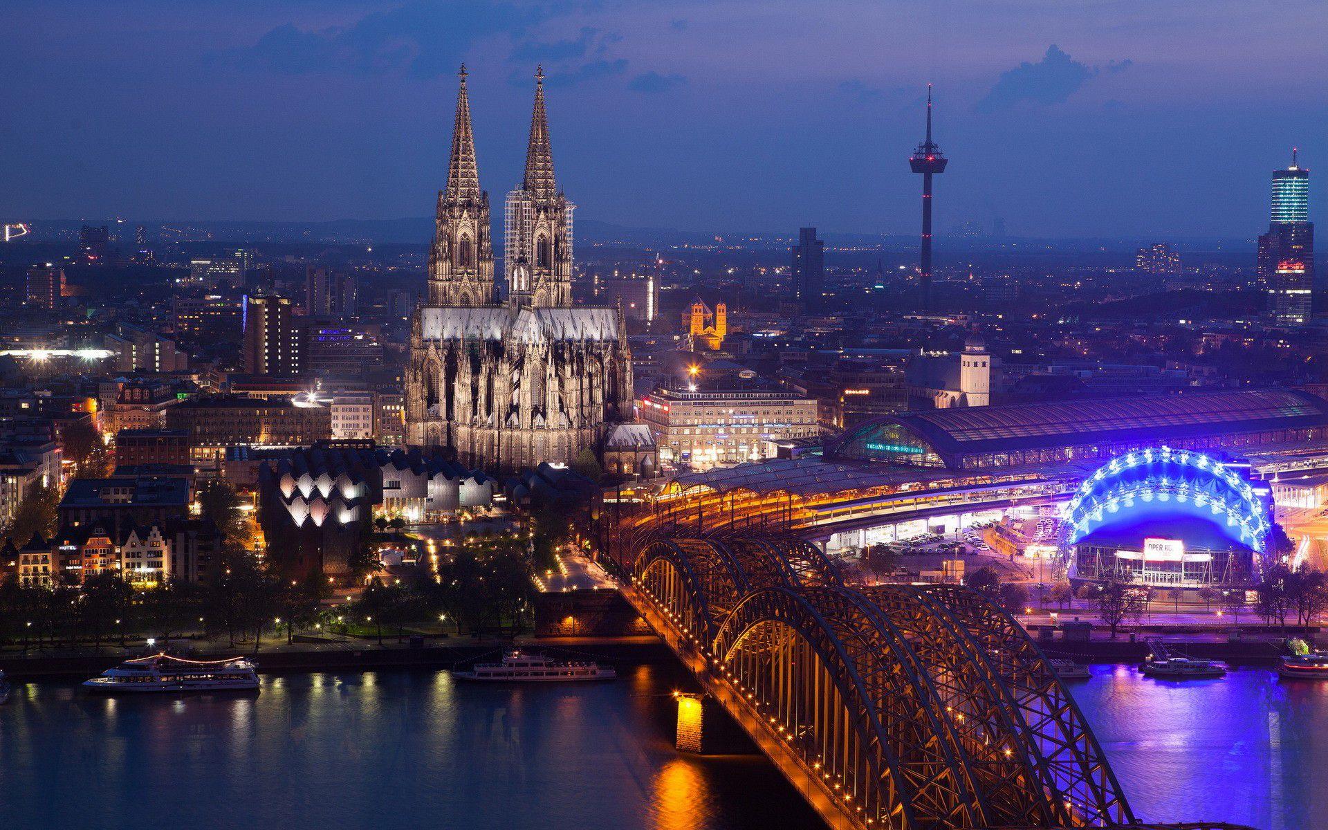 Kölner Dom, Hohenzollernbrücke, Lanxess Arena, Colonius, Köln, Nacht, Stadtlichter, Full-HD-Hintergrundbild