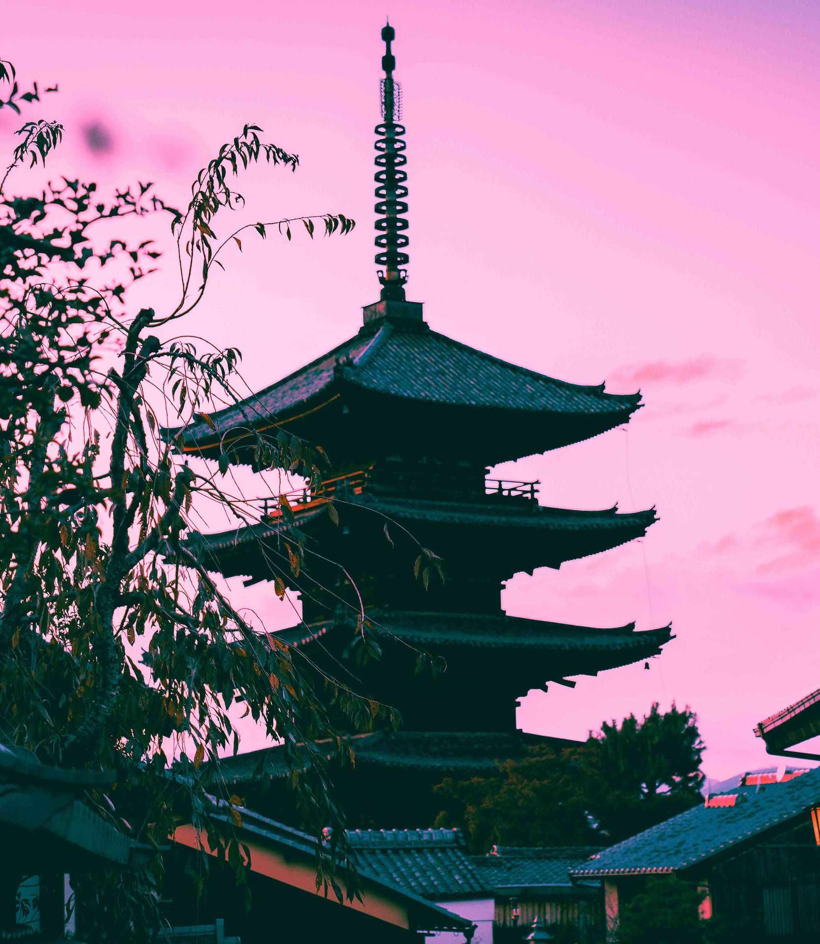 Yasaka-Pagode, Kyoto, Pagode, Silhouette, Rosa Himmel, Japan, QHD+, Tablet-Hintergrund