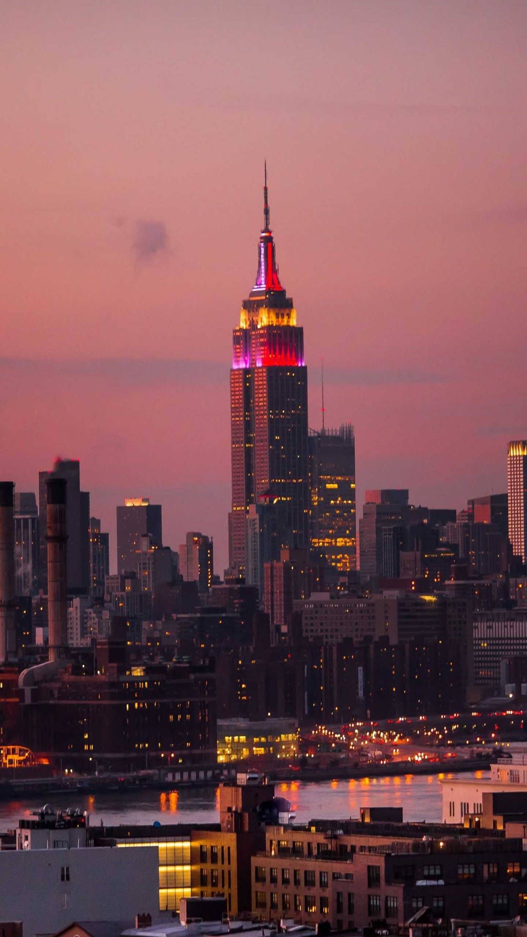 Empire State Building, Manhattan, Rosa Himmel, Dämmerung, Rote Beleuchtung, Skyline, Full-HD-Handy-Hintergrundbild