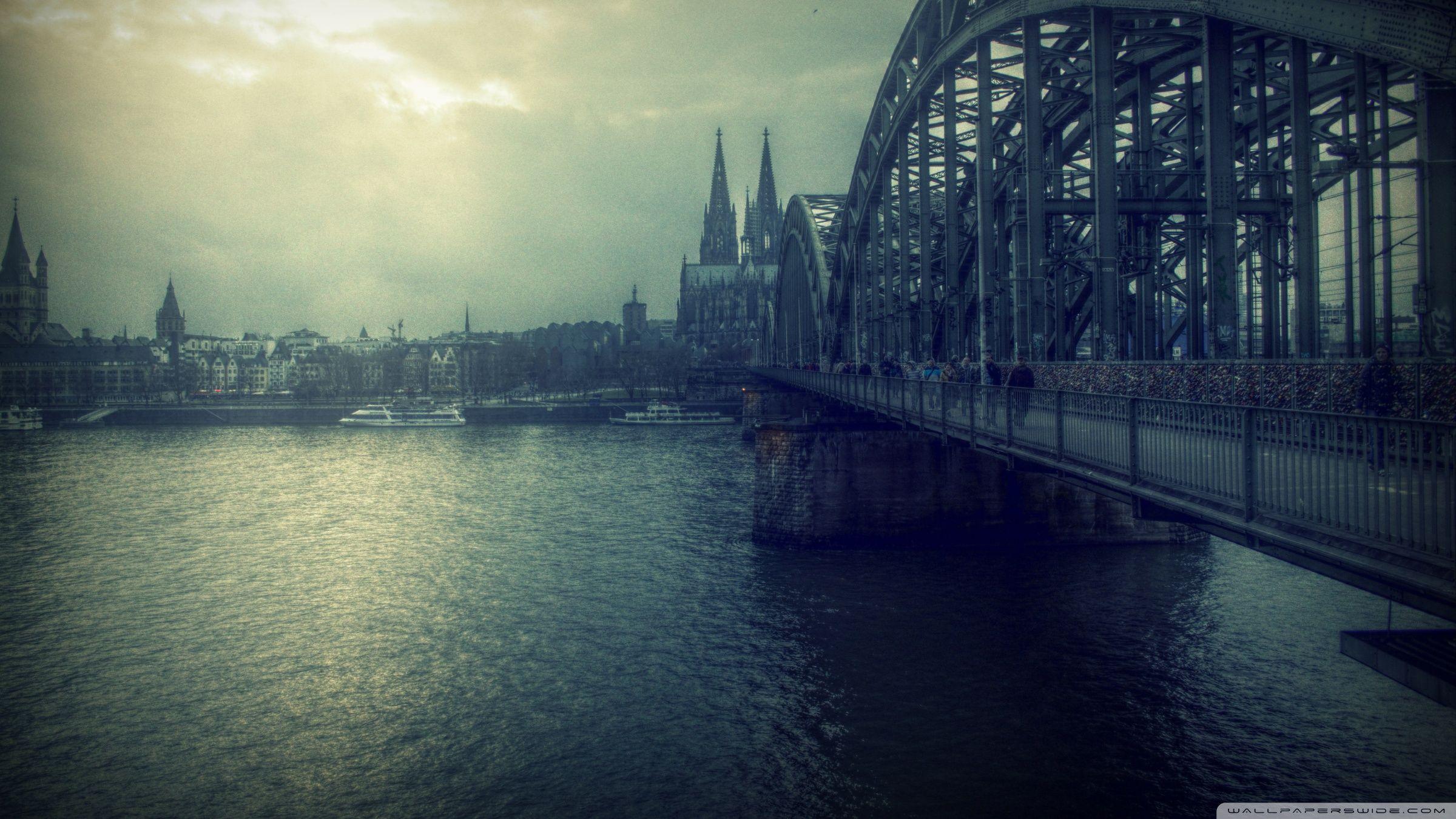Hohenzollernbrücke, Kölner Dom, Rhein, Köln, Trübes Wetter, Kühle Töne, Full-HD-Hintergrundbild für PC