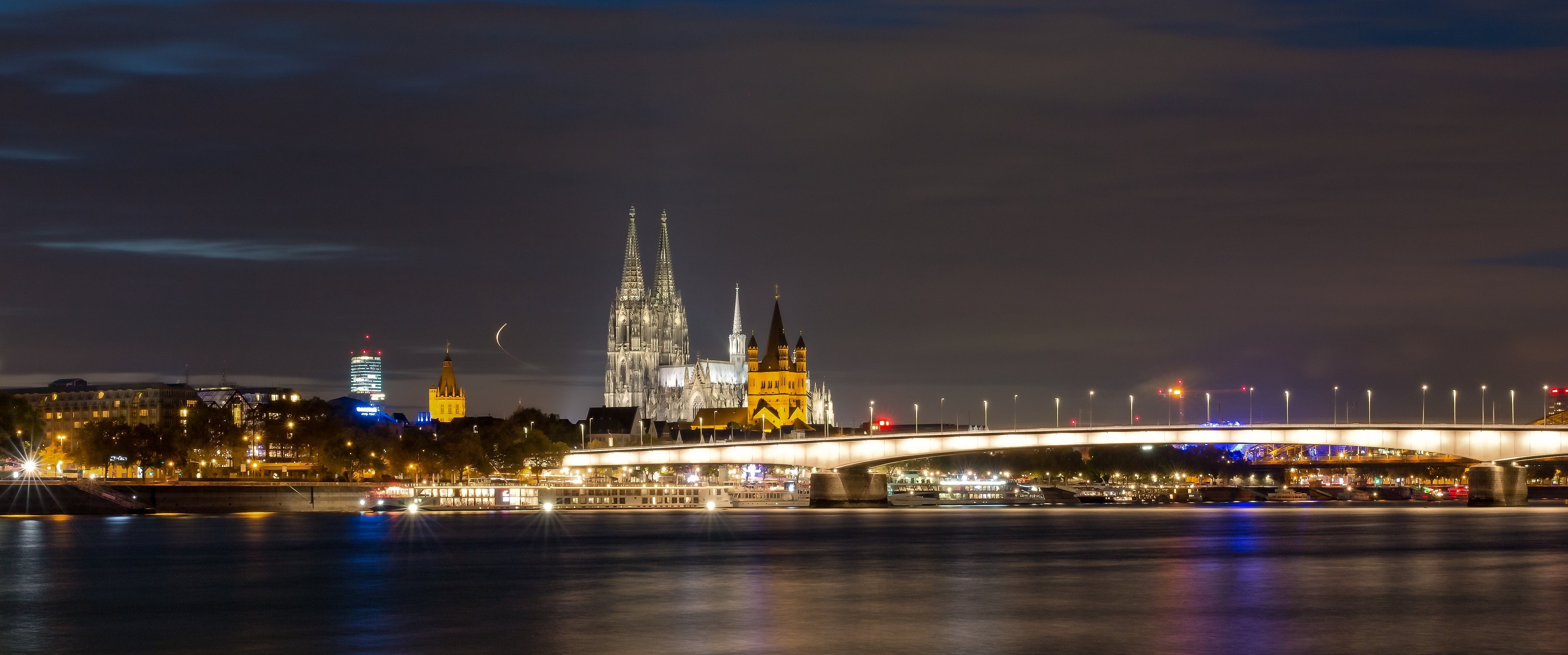 Kölner Dom, Rhein, Köln, Nacht, Panorama, Stadtlichter, 5K, Hintergrundbild für den PC