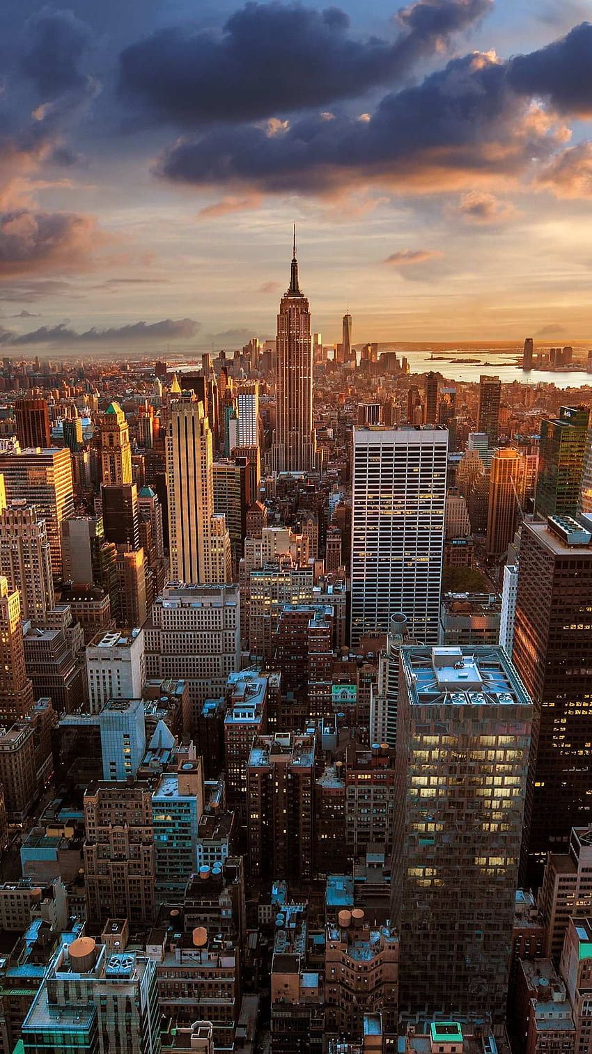Empire State Building, Manhattan, Abendlicht, Wolken, Häusermeer, HD, Handy-Hintergrundbild