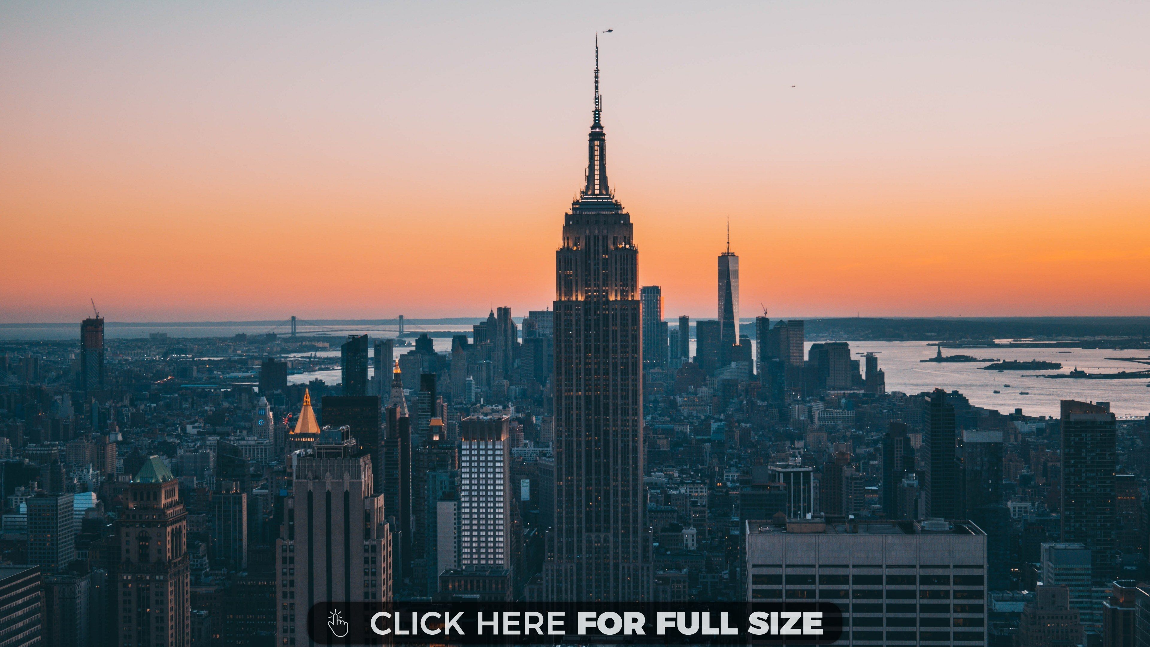 Empire State Building, One World Trade Center, Manhattan, Orangefarbener Himmel, Sonnenuntergang, Silhouette, 4K Wallpaper