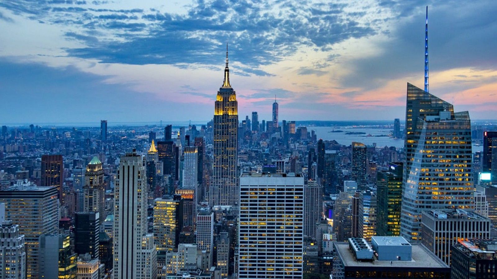 Empire State Building, New York City, Manhattan, Wolkenkratzer, Abenddämmerung, Luftaufnahme, HD-Hintergrundbild