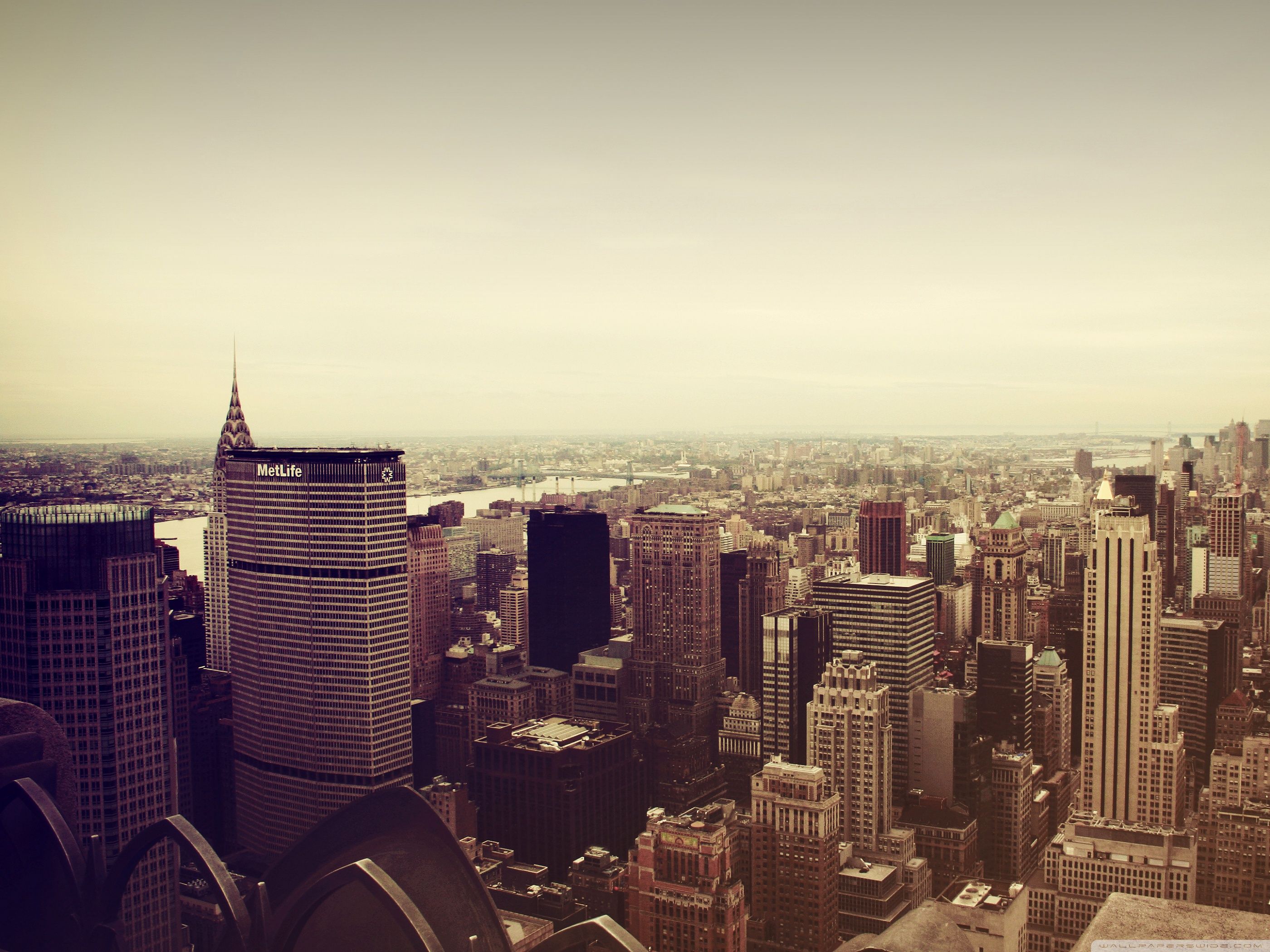 Manhattan, New York City, Skyline, Vintage-Filter, Dunst, Hochhäuser, 2K, iPad-Hintergrundbild