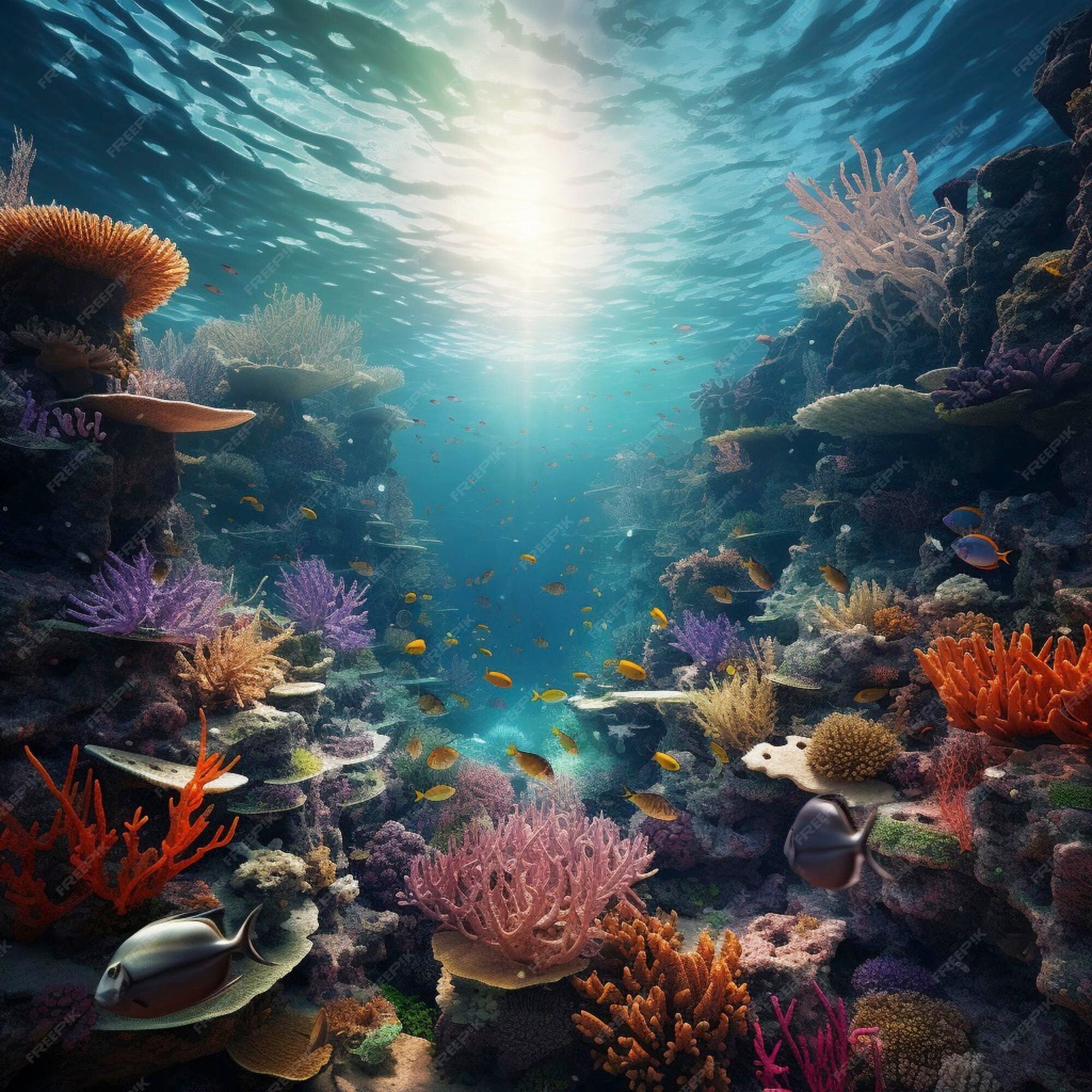 Korallenriff, Lichtstrahlen, Fische, Digitale Kunst, Hintergrundbild für iPad und Tablet
