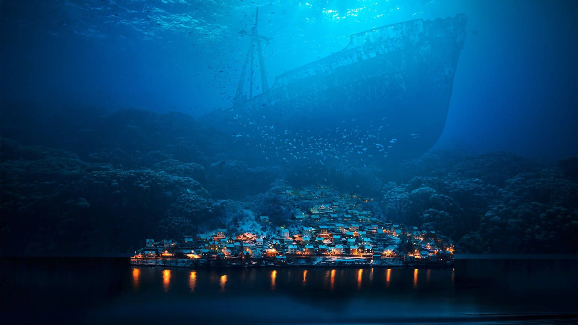 Versunkene Stadt, Lichter, Tiefsee, Fantasie, Blau, Full HD 1080p, Desktop-Hintergrundbild