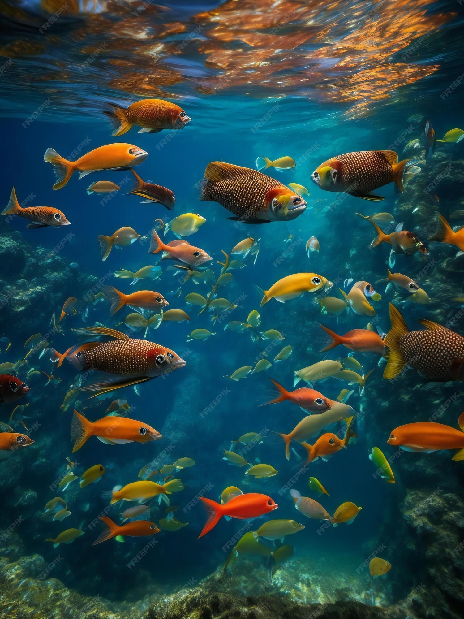 Fischschwarm, Orange Fische, Korallenriff, Blau, QHD+, Hintergrundbild fürs Tablet
