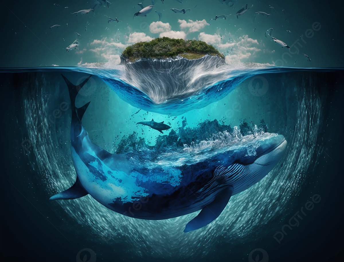 Wal, Schwebende Insel, Fantasie, Digitale Kunst, Halb unter Wasser, Hintergrund