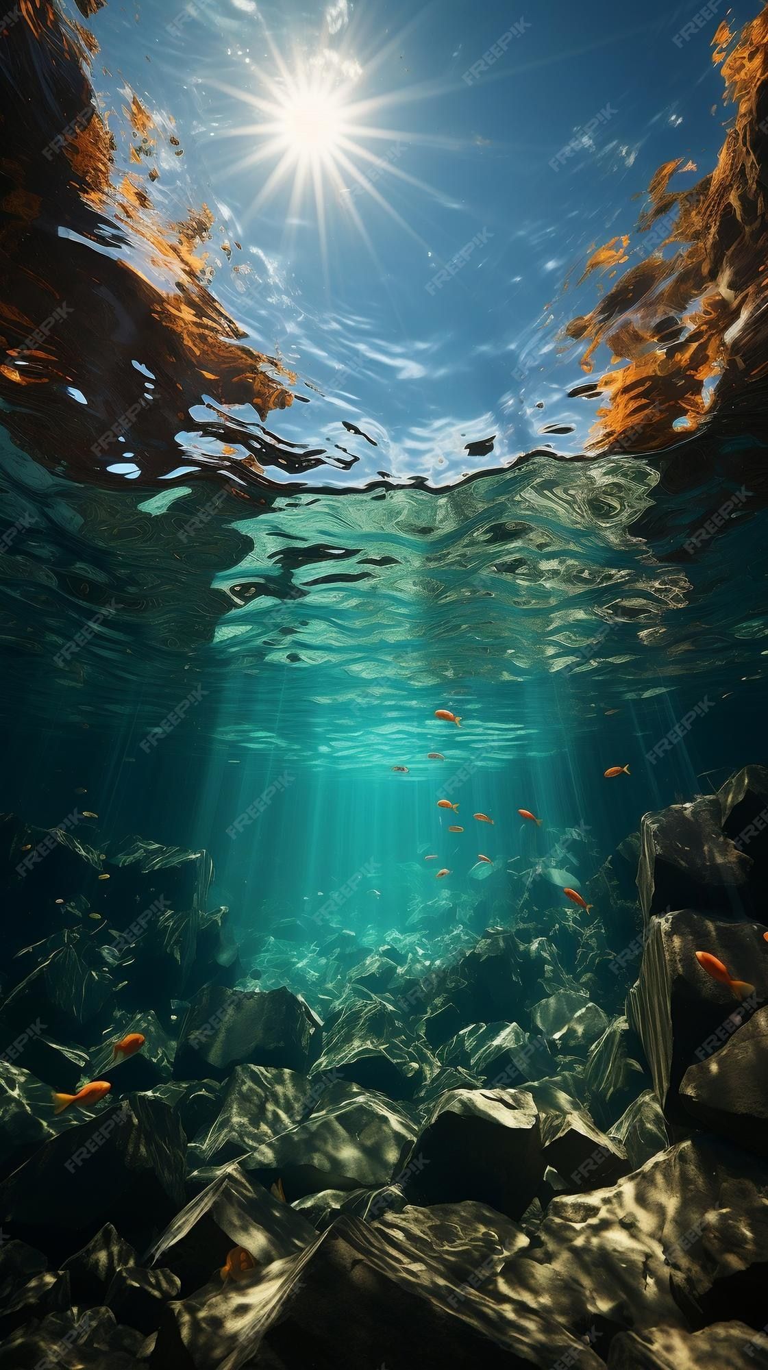 Halb unter Wasser, Sonne, Felsen, Lichtstrahlen, Full HD, Handy-Hintergrund im Hochformat