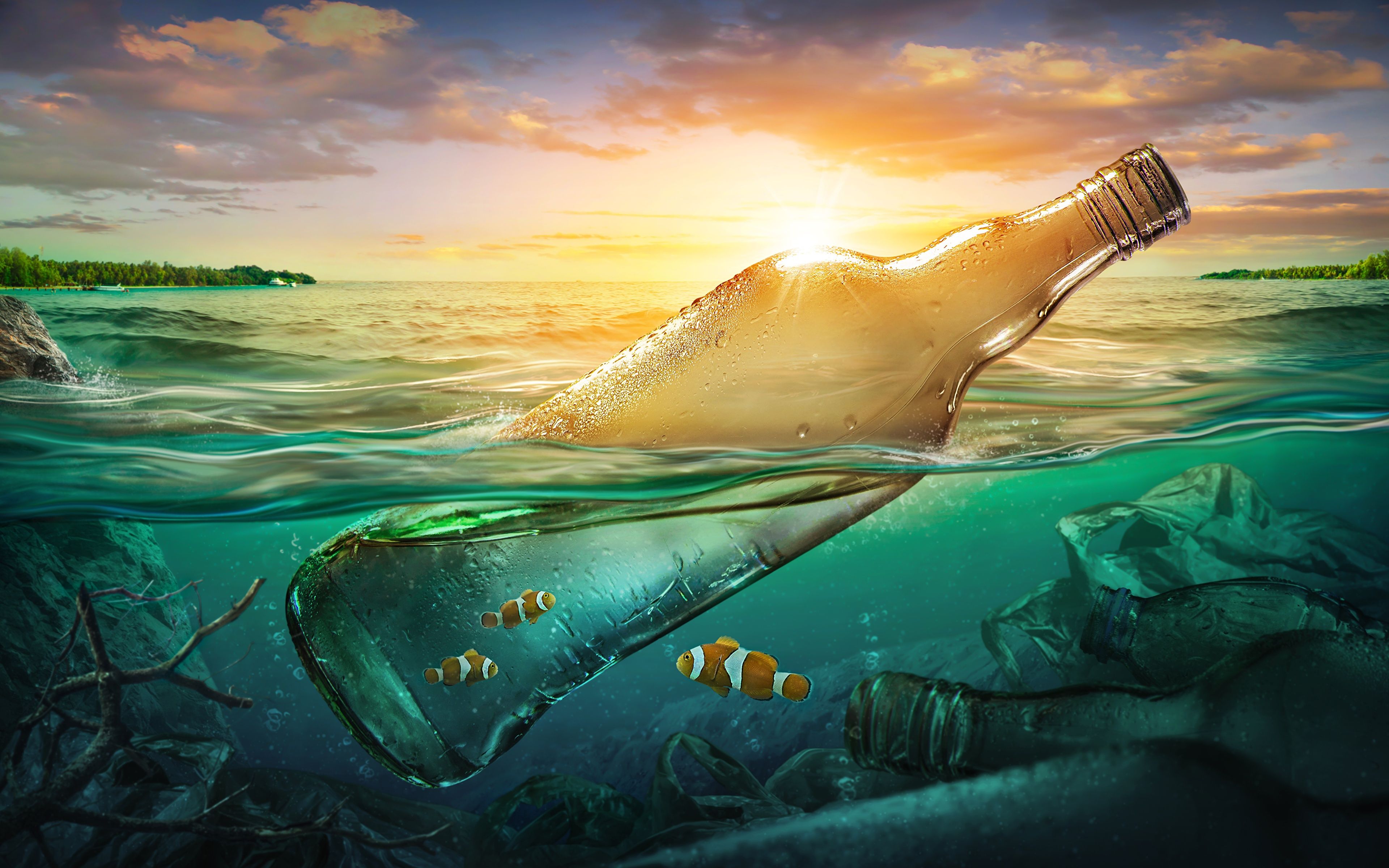 Flaschenpost, Clownfische, Sonnenuntergang, Halb unter Wasser, Digitale Kunst, 4K Wallpaper
