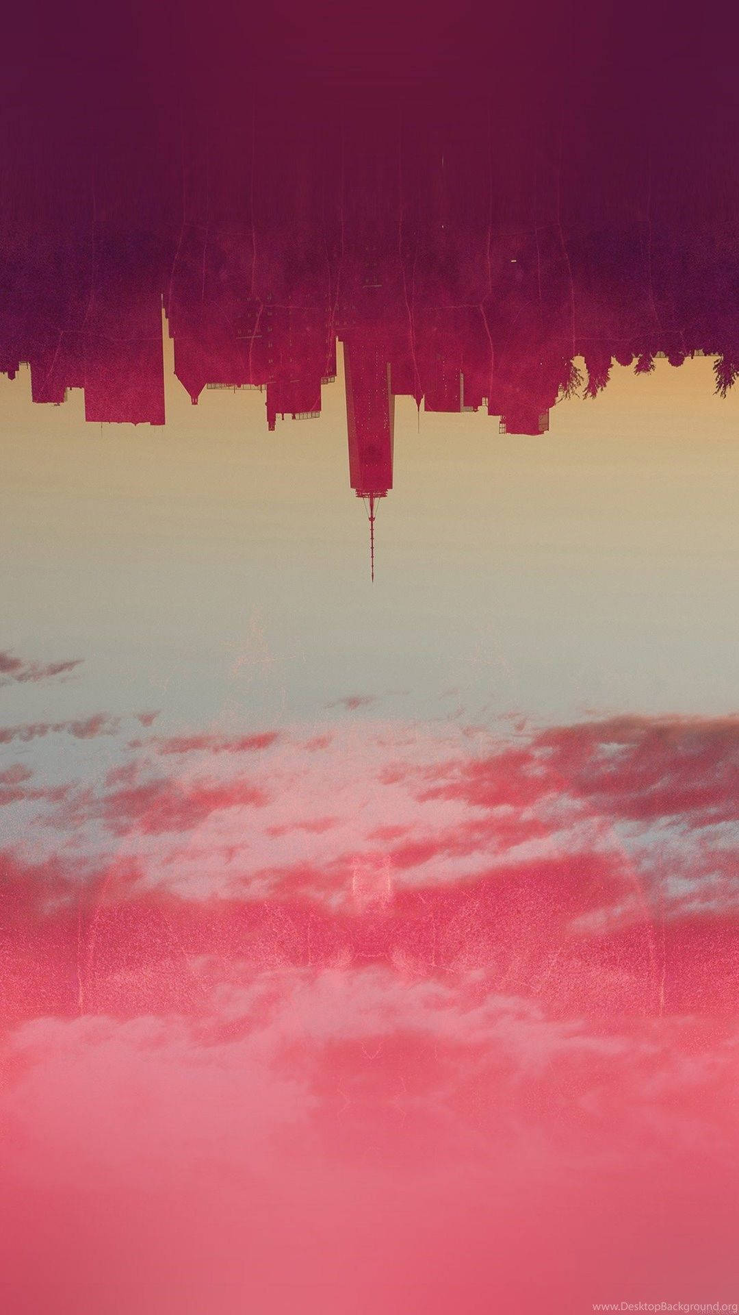 Skyline, Kopfüber, Surreal, Rosa Wolken, Dunkelrot, Hintergrundbild für iPhone und Android