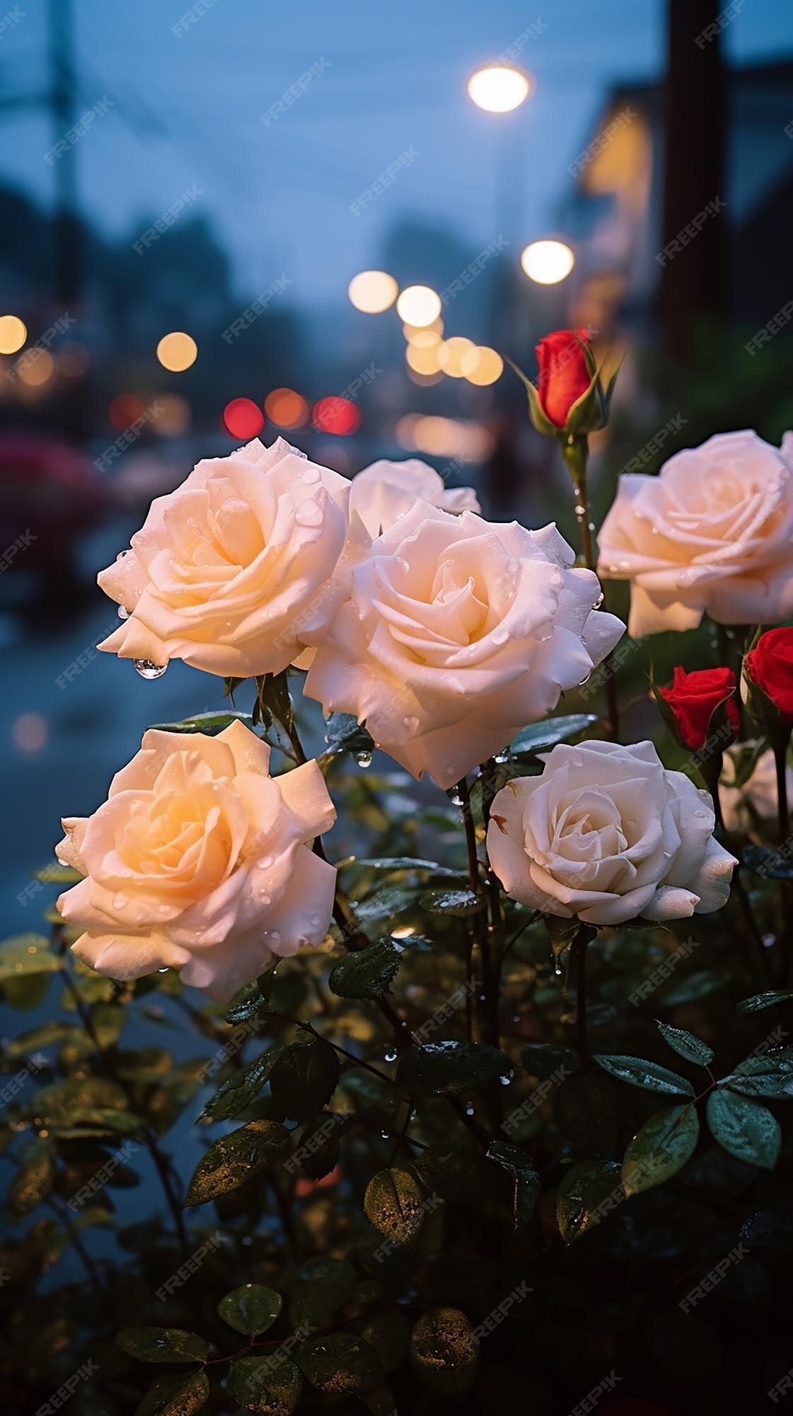 Rosenbusch, Pfirsichfarben, Bokeh, Abenddämmerung, Stadtlichter, Full HD, Handy-Hintergrundbild